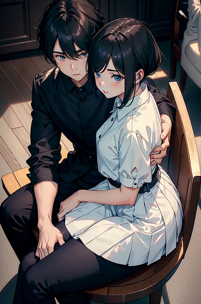 top-quality　​masterpiece　Male and female couples　Girl sitting on a chair wearing a tight skirt over a blouse。Boys hugging each other from behind。Boy in high school long pants uniform with mash cut hairstyle。Without glasses、Revenge relationship