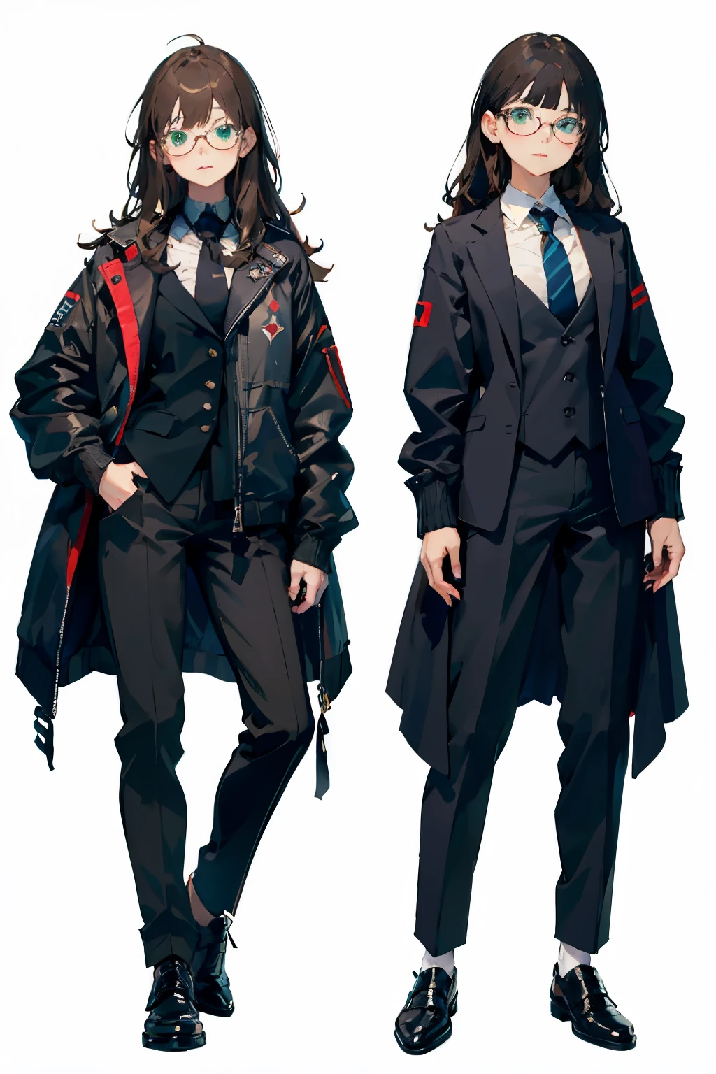 ((highest quality)), ((masterpiece)), (detailed), White background、Perfect Face、To the tips of the shoes、young woman、Black jacket、tie、Black pantsuit、brown hair、Long Hair、Green Eyes、Glasses