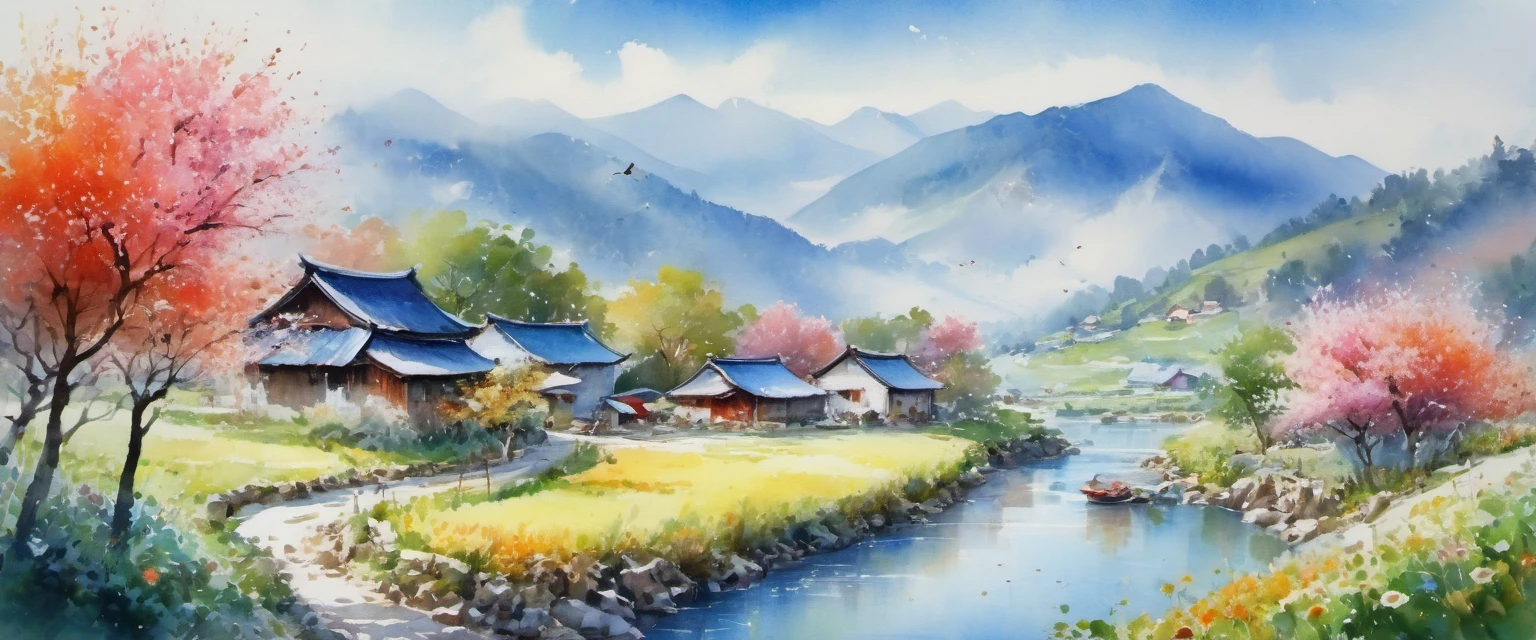 beautiful scenery,watercolor（（（Ink Painting,watercolor畫）））,A beautiful landscape painting,Stunning landscape painting,rich and colorful,rich and colorful,fair,ArtStation website is popular,wonderland,Imaginative,Intricate details,Landscape details,Low saturation,Low contrast,Clean colors,Epic creation,Perfect composition,Pastoral scenery,farmland,blue sky白雲,Terraces,farm,village,mountains,Mountain,stream,mountains and rivers,一望无际的farmland,White Cloud,blue sky,picturesque,Gorgeous,Elegant and natural,flowers and birds,Calm and peaceful,Fresh and natural,A beautiful landscape painting,