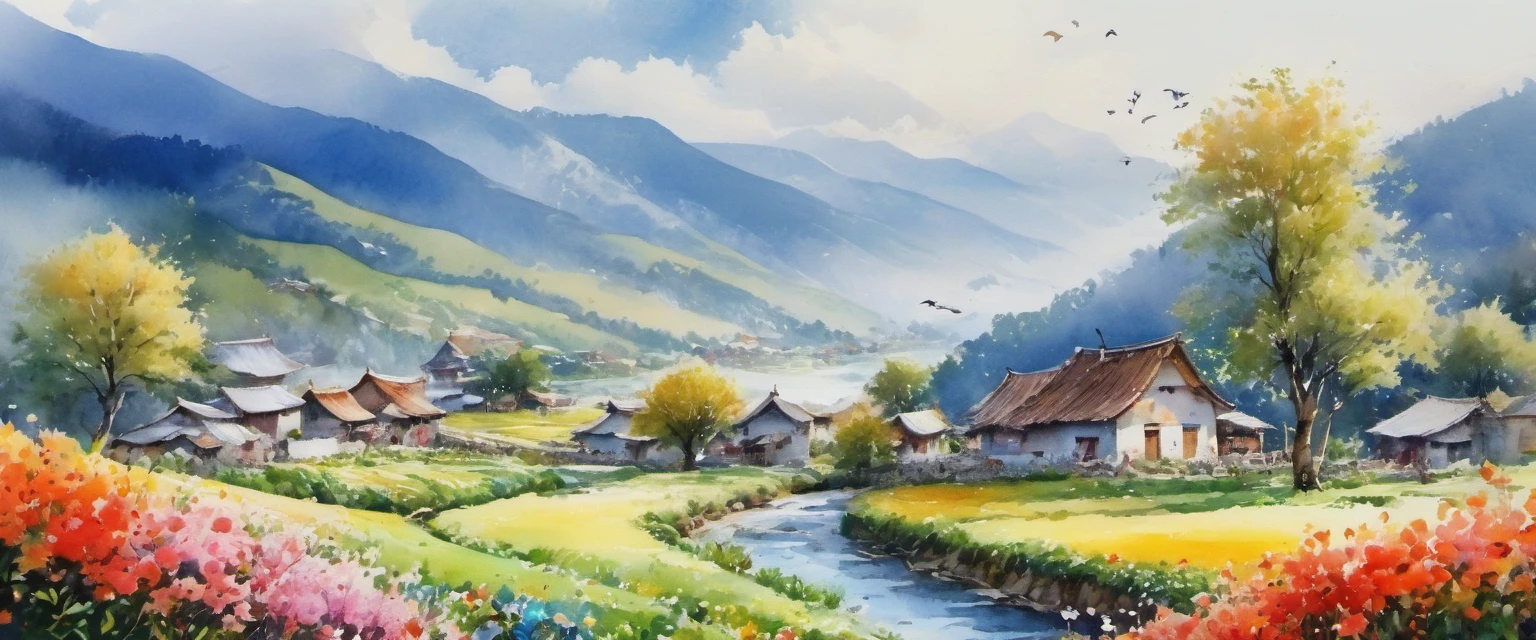 beautiful scenery,watercolor（（（Ink Painting,watercolor畫）））,A beautiful landscape painting,Stunning landscape painting,rich and colorful,rich and colorful,fair,ArtStation website is popular,wonderland,Imaginative,Intricate details,Landscape details,Low saturation,Low contrast,Clean colors,Epic creation,Perfect composition,Pastoral scenery,farmland,blue sky白雲,Terraces,farm,village,mountains,Mountain,stream,mountains and rivers,一望无际的farmland,White Cloud,blue sky,picturesque,Gorgeous,Elegant and natural,flowers and birds,Calm and peaceful,Fresh and natural,A beautiful landscape painting,