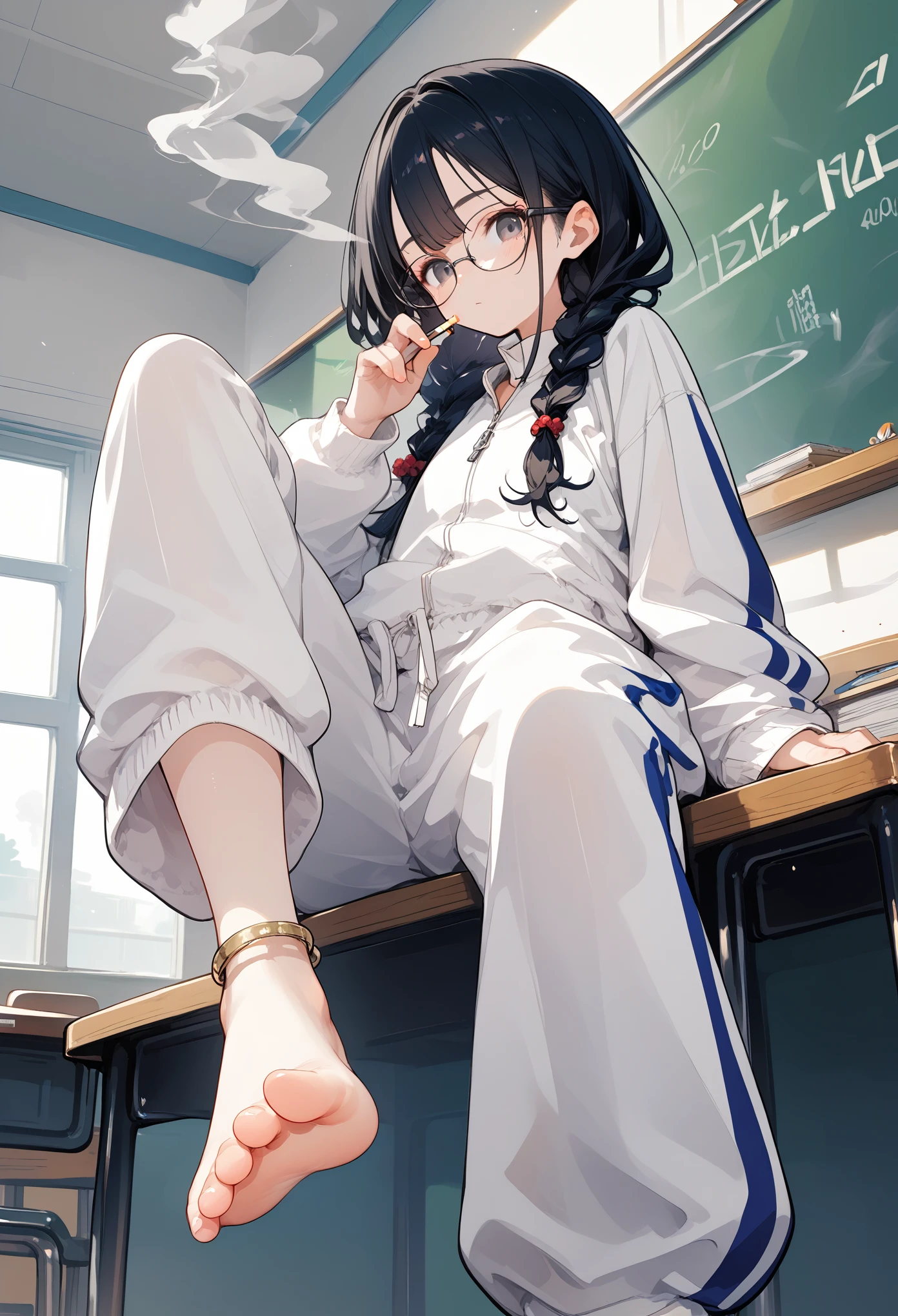 score_9, score_8_up,score_7_up,1girl,solo,black hair,baggy blue and white track suit,baggy blue and white track pants,glasses,black hair,low twin braids, ,desk,sitting on desk,foot up,barefoot,soles,foot focus,from below,anklet,chalkboard,single_sock,smoking,holding cigarette,