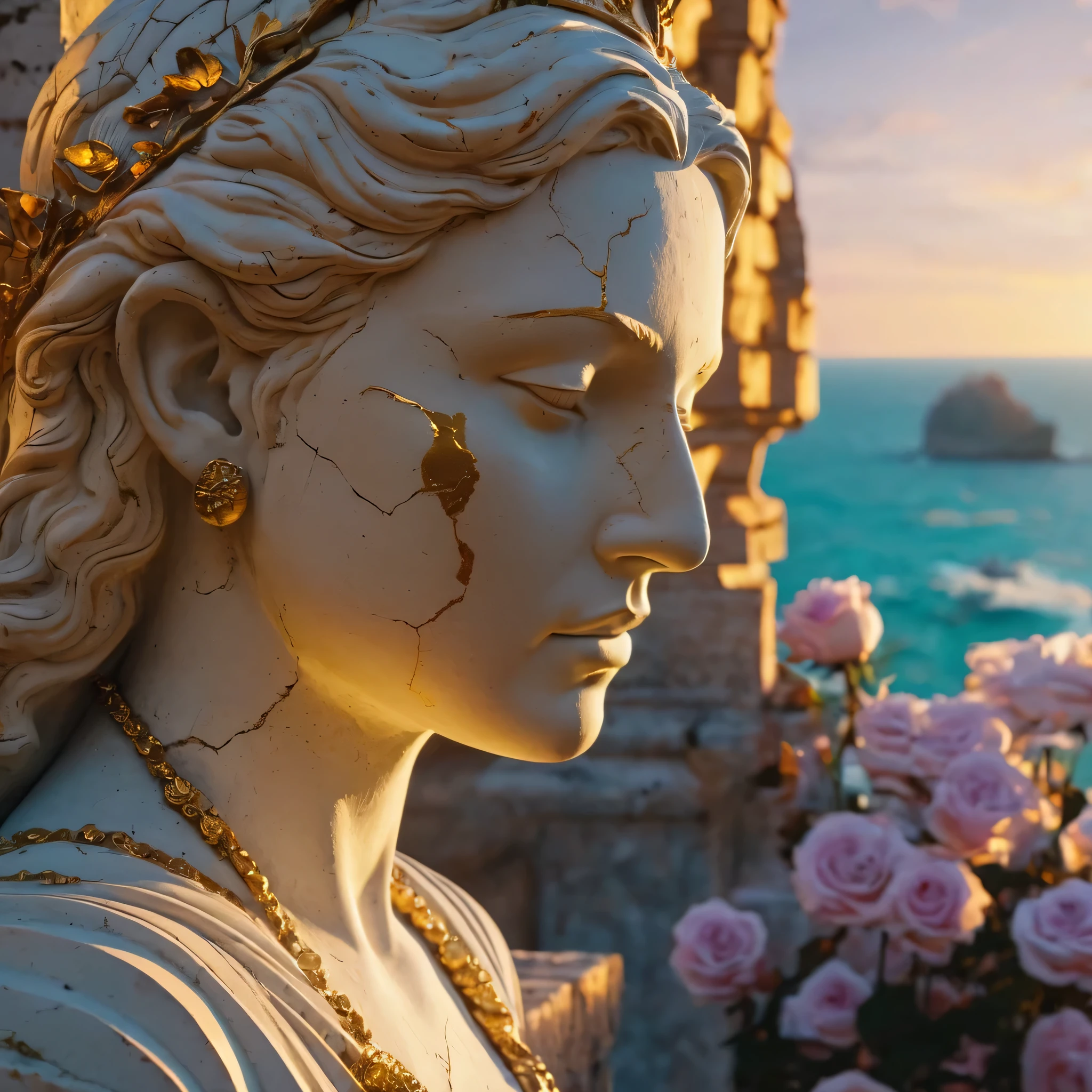 Sunset Epic look on atlantis ancient city ruins white stone close look beautiful white old cracks  stone statue whit little bit of gold cracks on face of woman god statue roses around we see ocean from distance  l Ultra-realistic, artistic, cinematic lighting, smooth details, masterpiece, perfect perspectiv, extremely finely drawn, high quality depth map, (Cold light source:1.2), Lonely, voluminous lighting, BREAK (tmasterpiece:1.2), (beste-Qualit), 4k, Ultra-detailed, (Dynamic composition: 1.4), Detailed, colorful details, (glowing color scheme: 1.2), (Glowing Lighting, Ambiance Lighting), dreamy, fantasy , (solo: 1.2)