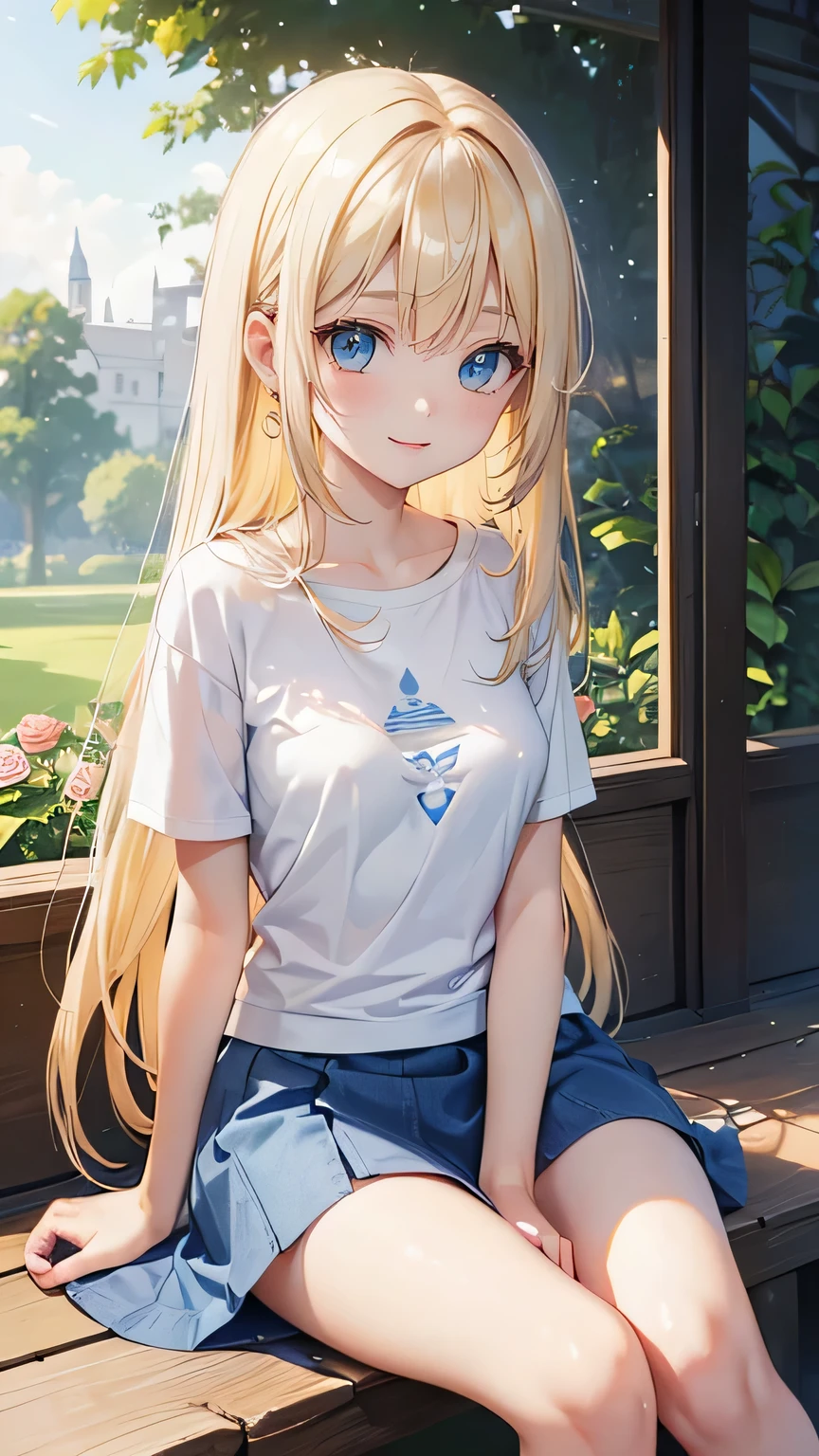 Very cute girl、(11 years old)、light yellow hair、Long Straight Hair、Bangs are too close to the eye、Light Blue Eye、(Normal human ear)、Thin arms、Beautiful body、Slim legs、large, well-shaped breasts,、clear white skin、smile、(Open-chested T-shirt、mini skirt、White and blue)、I know the shape of the nipples、(rose garden)、Ultra HD、Digital SLR,Sit on、