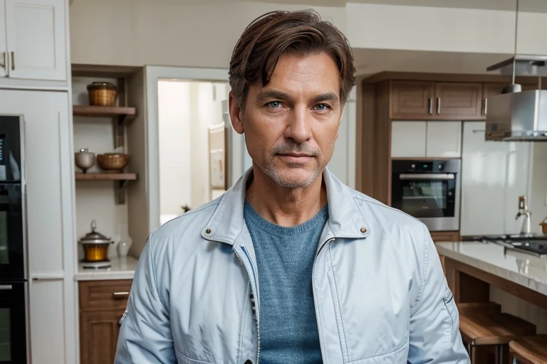 ((Best quality)), ((masterpiece)), (detailed), male influencer (around 60 years old) (very short brown hair) (steel blue eyes), dressed in a white baker's jacket), a modern kitchen in the background 