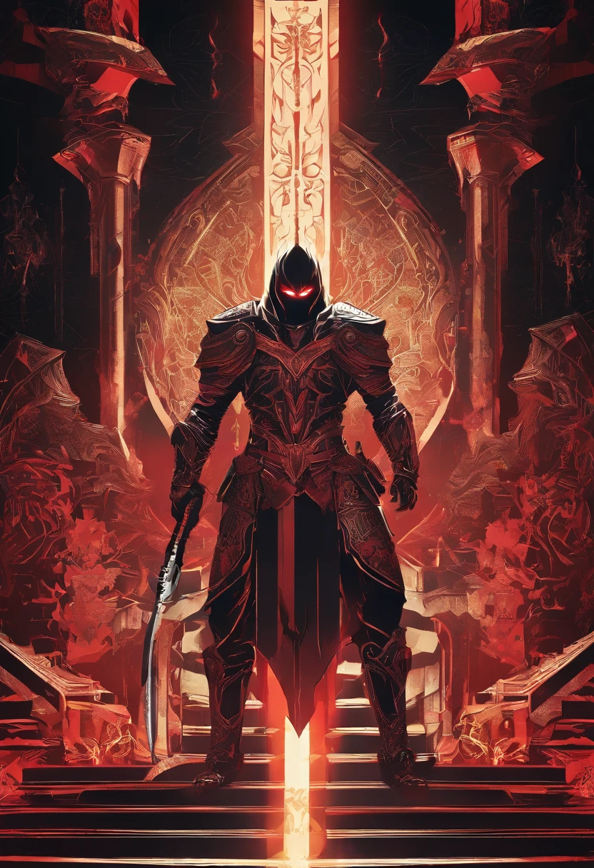 (ultra-detailed CG unit 8k wallpaper, Master parts, Best quality, depth of fields, hdr, complex), Tall, The sinister Dark Assassin wears a metal mask,Bright red eyes,Light and dark armor,Behind him,He wears a low-key red cloak。,Holding a sharp dagger in his arms,Step into the burning village, (complex: 1.4) (Master parts: 1.4) (illustration: 1.4), Red studio lighting, Post-processing, 8K resolution, deep dark background, imponent, Well-composed photos, Impressive, dark fantacy (director: greg rutkovsky: 1.2), (darken: 1.5)(multiple persons:1.5)