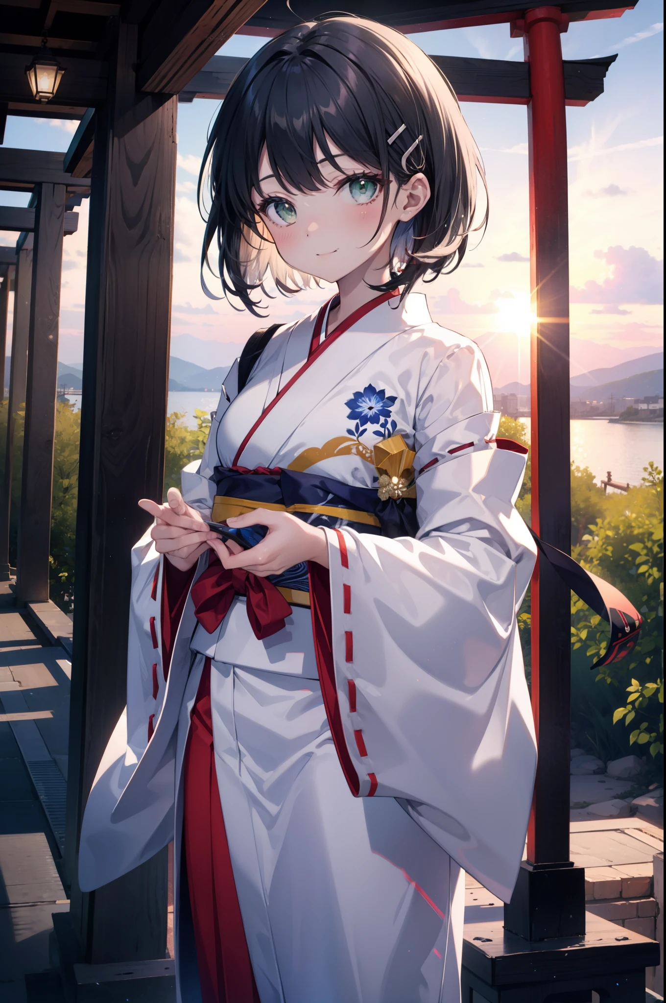 Suguhakirigaya, Suguhakirigaya, (Green Eyes:1.2), hair ornaments, Hair Clip, short hair,blush,smile, Black Hair,Platycodon grandiflorum,Miko, White Kimono, Large sleeves,red hakama,kimono, white foot bag,Zori sandals, Wide sleeves, Long sleeve, Ribbon-trimmed sleeves, evening,sunset,The sun is setting on the horizon,
break looking at viewer, (Cowboy Shot:1. 5)
break indoors,shrine,torii,coastal,
break (masterpiece:1.2), highest quality, High resolution, unity 8k wallpaper, (figure:0.8), (Beautiful fine details:1.6), Highly detailed face, Perfect lighting, Highly detailed CG, (Perfect hands, Perfect Anatomy),