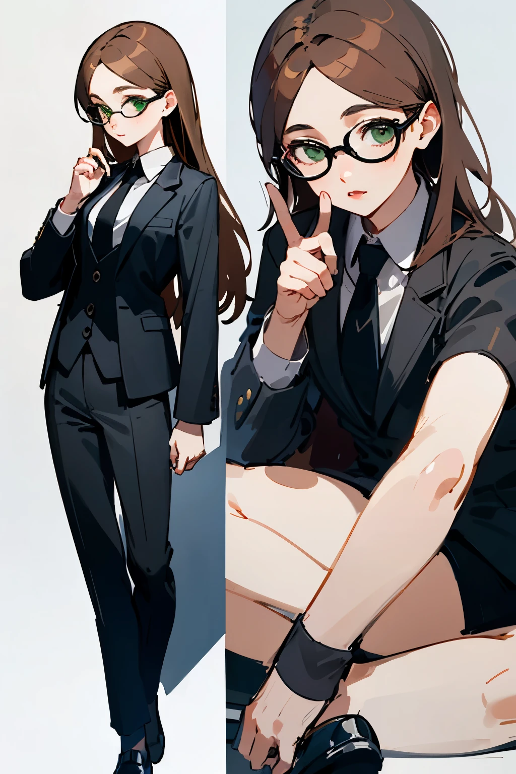 ((highest quality)), ((masterpiece)), (detailed), White background、Perfect Face、To the tips of the shoes、young woman、Black jacket、tie、Black pantsuit、brown hair、Long Hair、Green Eyes、Glasses
