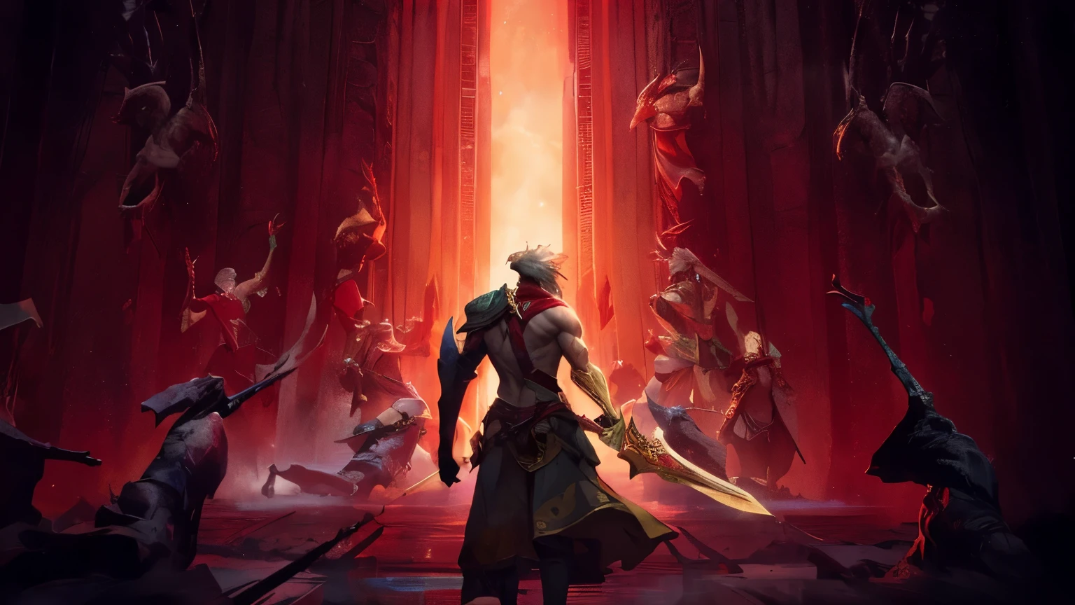 A warrior holding a sword stands in front of the blood-red gate，Backlit effect，League of Legends design style，High quality details，8K