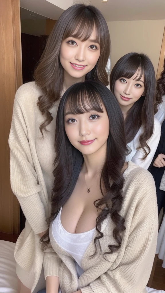 (((Japanese、Three Women、Blonde、full body、Real、cancer)))、masterpiece、highest quality、Ultra HD、Grin,bed、 Very detailed and beautiful,20-year-old woman、Mature attractive woman、brown eys、、True Face、Looking at this、(gigantic breasts:1.4)、huge areola、Dark areola、full body、pubic hair、parted bangs、sleepwear、Gal、absolutely long hair、(curly hair:1.3)、(Long eyelashes)、dark lipstick、Pregnant women