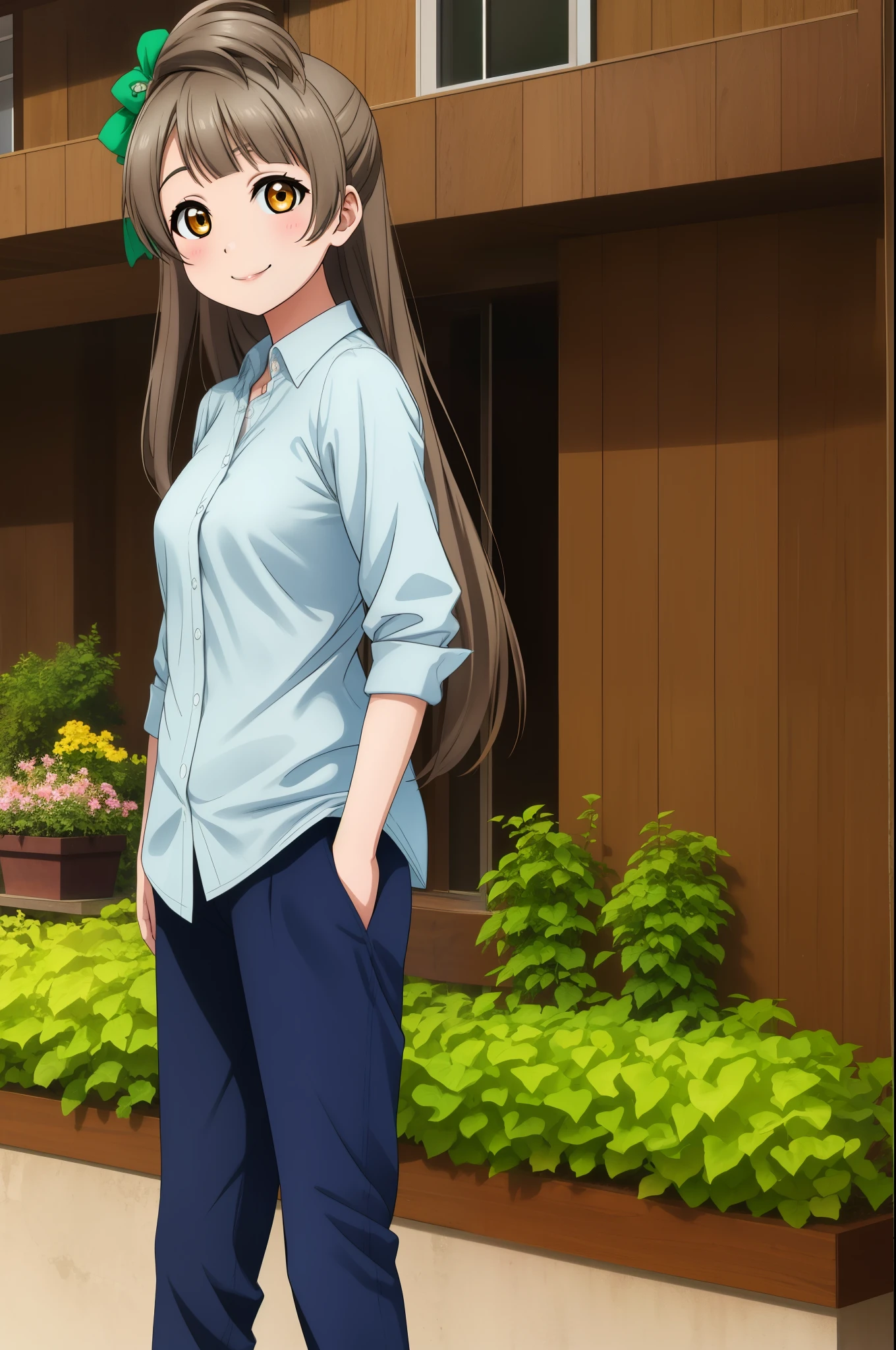 Minami kotori, cowboy shot, stylish shirt, modern pants, standing, in house garden, warm smile 