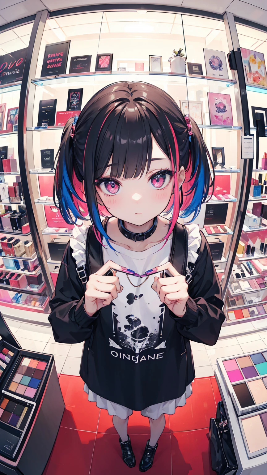 (masterpiece, best quality), (colorful:1.4), from above, solo, 1girl standing in a makeup store with lots of cosmetics on the display and a bag of makeup brushes, depth of field, fisheye lens