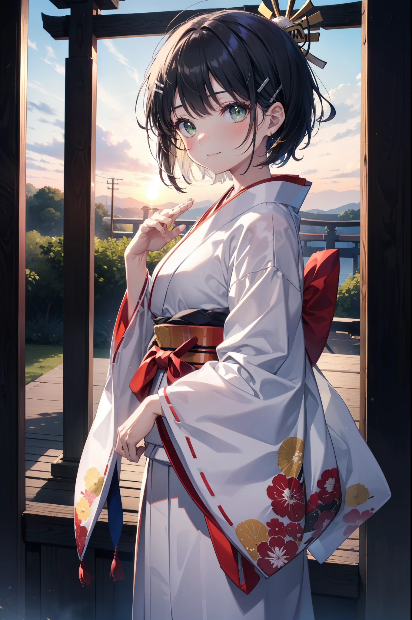 Suguhakirigaya, Suguhakirigaya, (Green Eyes:1.2), hair ornaments, Hair Clip, short hair,blush,smile, Black Hair,Platycodon grandiflorum,Miko, White Kimono, Large sleeves,red hakama,kimono, white foot bag,Zori sandals, Wide sleeves, Long sleeve, Ribbon-trimmed sleeves, evening,sunset,The sun is setting on the horizon,
break looking at viewer, (Cowboy Shot:1. 5)
break indoors,shrine,torii,coastal,
break (masterpiece:1.2), highest quality, High resolution, unity 8k wallpaper, (figure:0.8), (Beautiful fine details:1.6), Highly detailed face, Perfect lighting, Highly detailed CG, (Perfect hands, Perfect Anatomy),