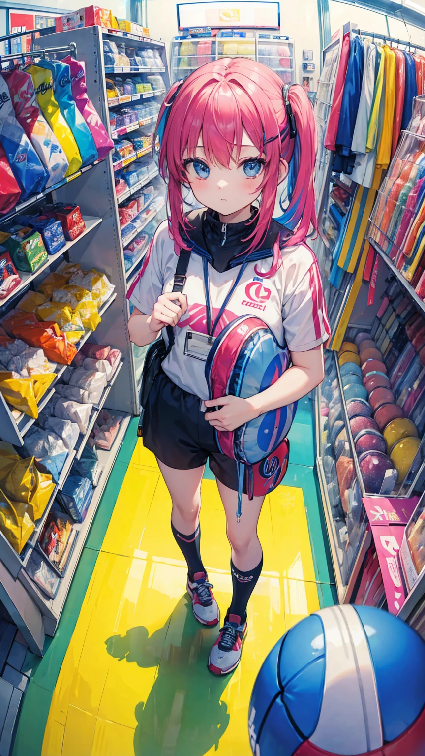 (masterpiece, best quality), (colorful:1.4), from above, solo, 1girl standing in a sports shop with lots of equipment on the racks and a bag of sports gear, depth of field, fisheye lens
