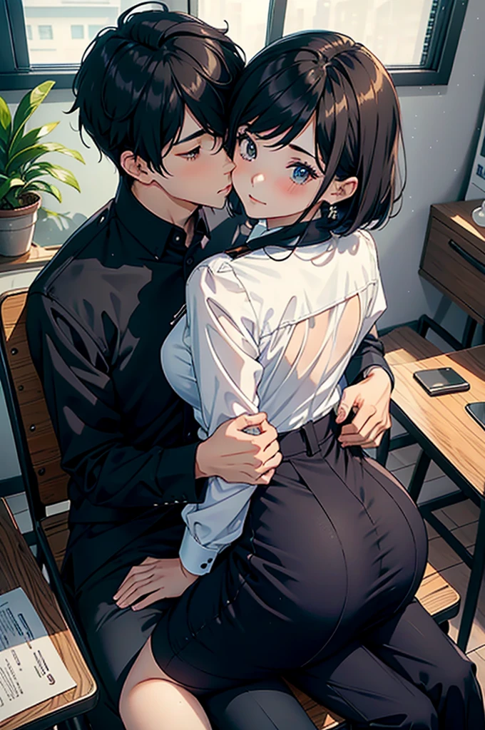 Male and female couples Girl sitting on a chair wearing a tight skirt over a blouse。Boys hugging each other from behind。Boy in high school long pants uniform with mash cut hairstyle。Without glasses