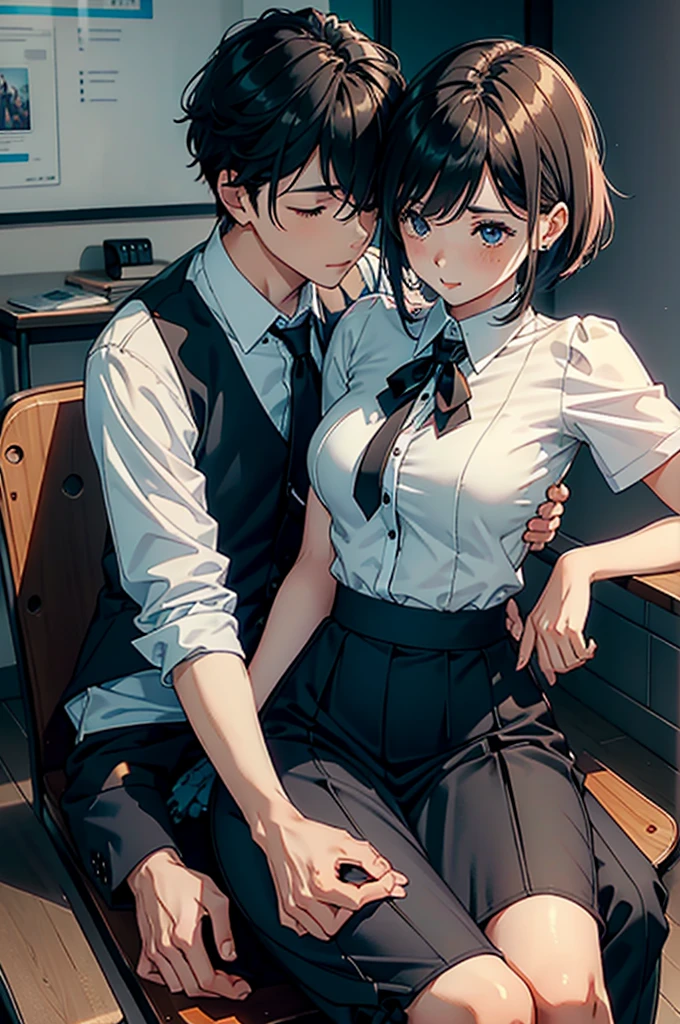 top-quality　​masterpiece　Male and female couples　Girl sitting on a chair wearing a tight skirt over a blouse。Boys hugging each other from behind。Boys wearing high school long pants uniforms with mash cut hairstyles。Without glasses、Revenge relationship