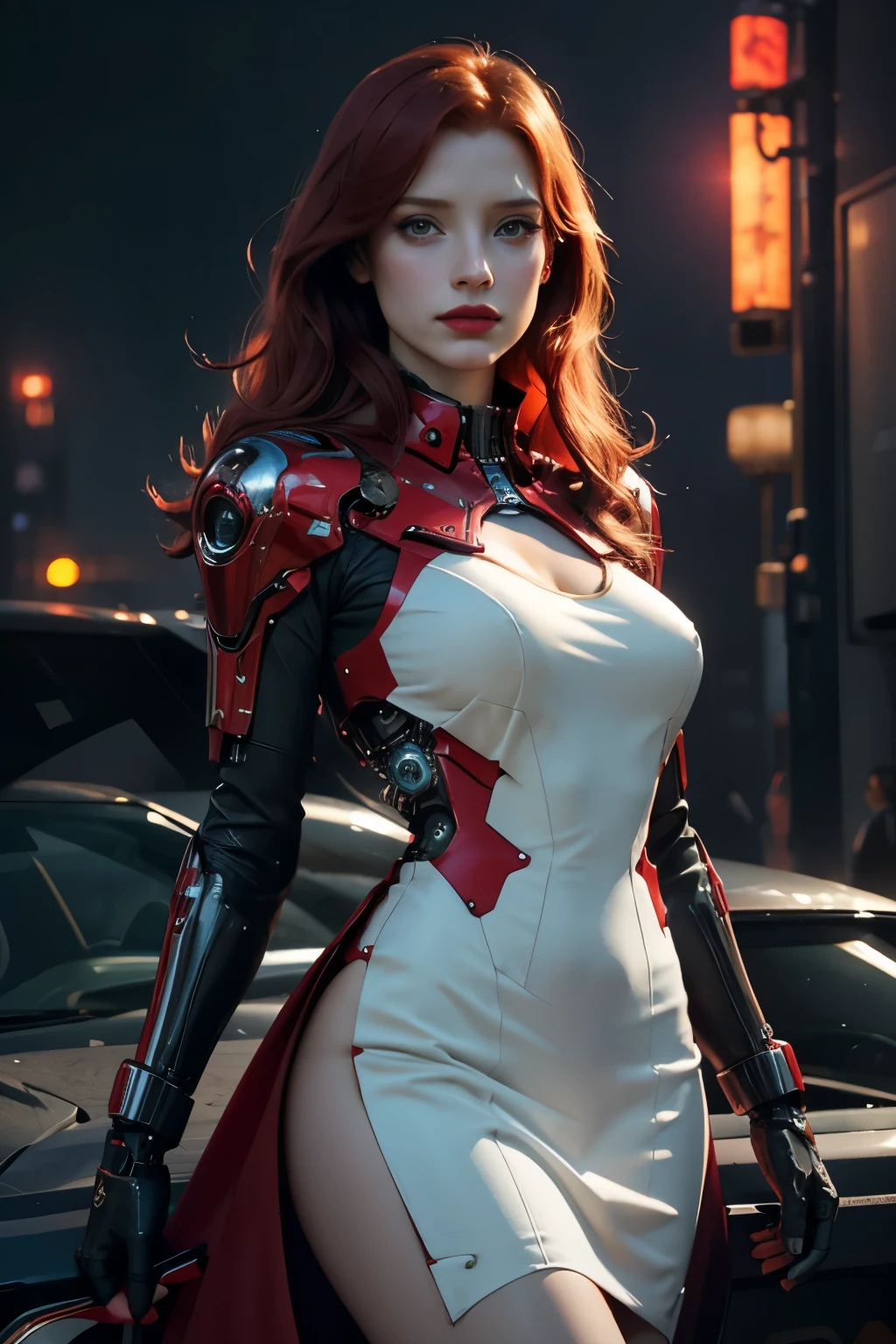 JESSICA CHASTAIN,When you were a young woman,She wears red lipstick,,wear a dress ((white dress)) Hi-tech equipment, cyberpunk,she wears a collar,((cybernetic body)),In the future world,amazing night,sci fi,city at night, realistic skin, incredible light, ultra realistic,complicated, Sharp focus, Ray Tracing, rtx, Professional photography, Masterpiece, very detailed, High quality, best quality, big breasts,She breast size is M cup, full body, she very sexy, she have perfect body, she so beautifully,She have good eyes,She is full of charm,close up,Heavy rain