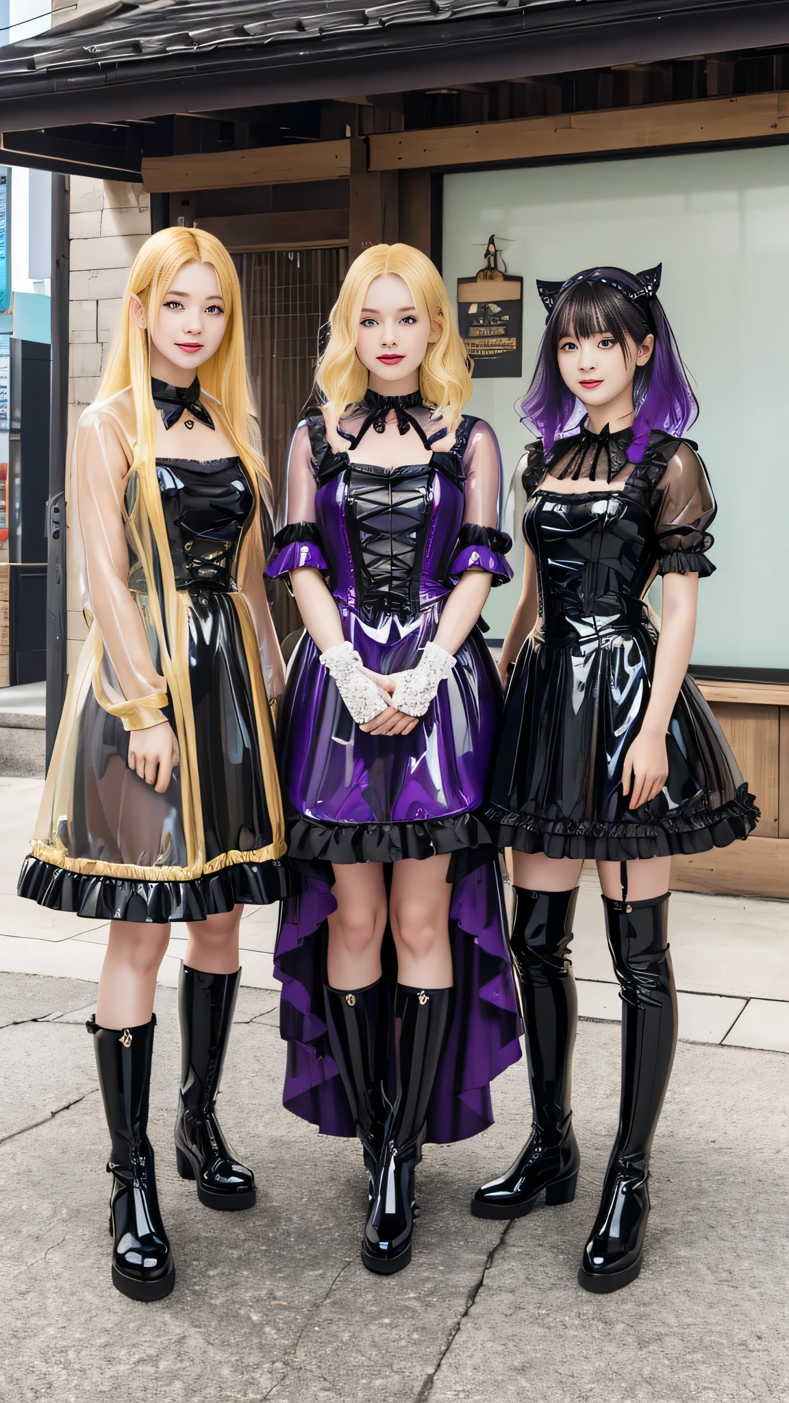 (Tabletop:1.0), (highest quality:1.4), (High resolution:1.2), (Realistic:1.4),(close:1.2), (8k, RAW Photos:1.2), (Soft Focus:1.4),break,Three girls wearing slime gothic lolita walking side by side、Smiling while taking a photo.............................................................,Lesbians all over,( Three girls covered in purple slime:1.3),break,(Three girls wearing semi-transparent Gothic Lolita:1.4),break,Slime Skin,Smooth and tight boots, Clear skin,latex, Translucent body,latex Shiny,Perfect Fingers,(shinylatex gloves:1.2), Boots that fit your skin,break,bob hair,(Golden Hair:1.3),glossy Shiny reflective,Gal Makeup,Japanese Goddess, Glowing Skin,Gorgeous Japanese Model,Shiny,Shiny,slimy,(Shiny black thigh-high boots:1.2),break,Detailed Background,At the hamburger shop