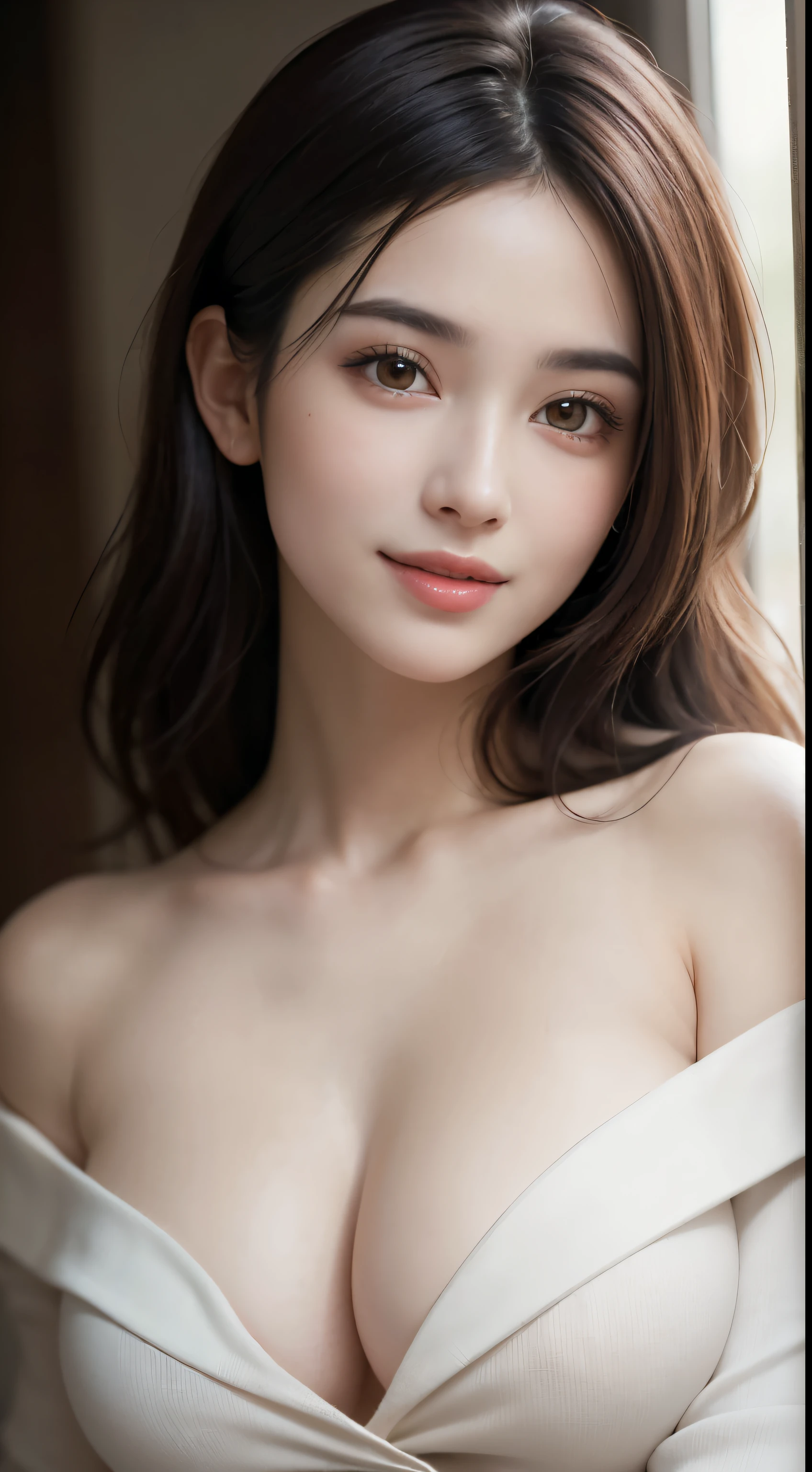 1 woman, (Ultra realistic, a high resolution), (very detailed eyes, very detailed hair, very detailed face, Highly detailed plump lips), (off shoulder with open breast), breast, upper body, look for a smile, (Best quality:1.4), raw photo, (realistic, photo-realistic:1.37), professional photography, cinematic light, (Beautiful face: 1.2),1 woman, (Ultra realistic, a high resolution), (very detailed eyes, very detailed hair, very detailed face, Highly detailed plump lips), (off shoulder with open breast), breast, upper body, look for a smile, (Best quality:1.4), raw photo, (realistic, photo-realistic:1.37), professional photography, cinematic light, (Beautiful face: 1.2),