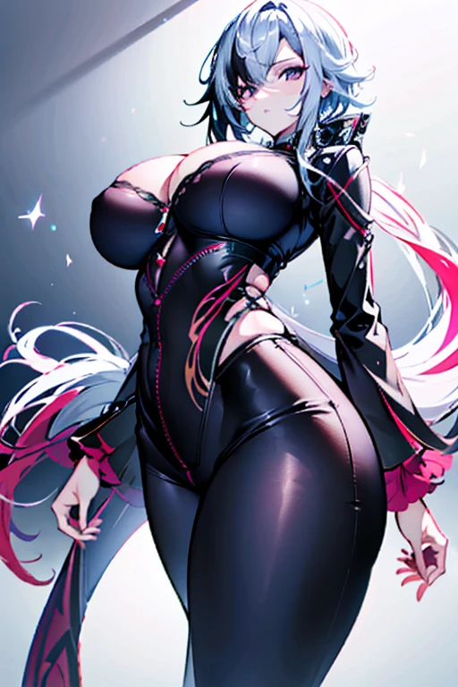 Arlecchino, Genshin Impact, hyper big breasts, giant breasts, huge breasts, tight bra, low rise pants, wide hips, deep cameltoe, facing viewer, thick thighs, ((unzipped pants)),