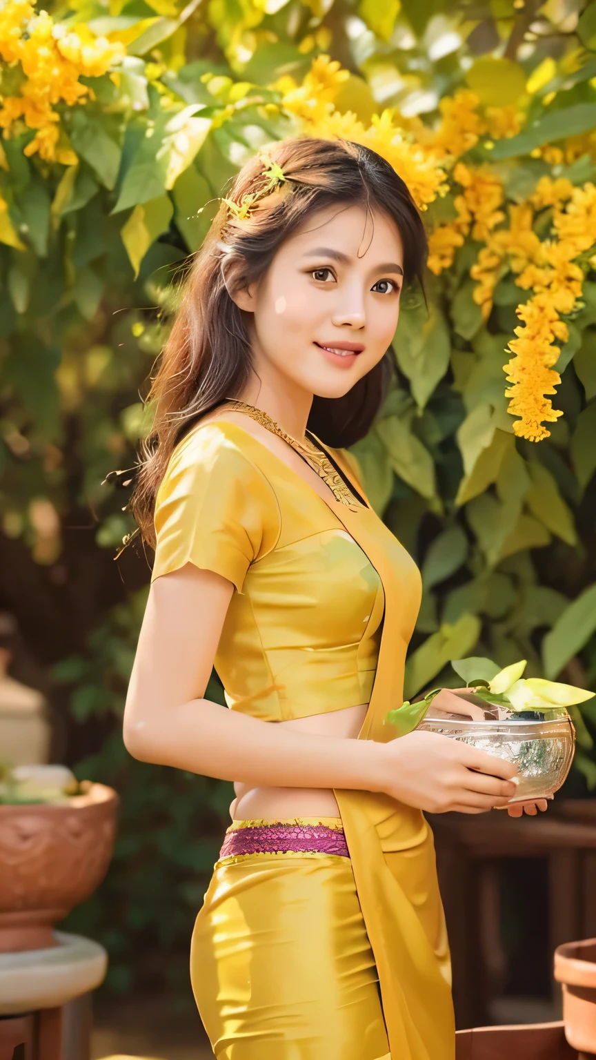 (best quality,4k,8k,highres,masterpiece:1.2),ultra-detailed,(realistic,photorealistic,photo-realistic:1.37),Burmese women,padauk flowers, holding pterocarpus macrocarpus, vibrant,ethereal,portraits,golden lighting,traditional dress,women intense gaze,natural beauty,exquisite traditional makeup,fine details,Burmese culture and tradition,subtle smiles,flowing movements,graceful poses,serene atmosphere,lush green garden,rich yellow and gold color palette,ornate accessories,jewelry adorned with gems,delicate patterns,loose-flowing silk fabric,flower arrangements,padauk crowns and hair accessories,soft sunlight casting gentle shadows,dappled light filtering through leaves,natural elements blending harmoniously,celebration of femininity,timeless beauty portrayed in a modern context,meticulously handcrafted art piece,subtle texture and brush strokes,personal interpretation of Burmese beauty,attention to awe-inspiring artwork.1girl,detailed eyes, detailed lips, beautiful face, long eyelashes, red curly hair, yellow dress, serene smile, Abigail, standing under (((padauk flowers tree,pterocarpus macrocarpus tree,))) facing the sky, surrounded by a flock of butterflies, vibrant blue sky, fluffy clouds, seagulls flying gracefully, padauk flowers pattern on the dress, sunny day with a gentle breeze, Abigail's cheeks with a natural blush, a bug crawling on a nearby tree branch, an idyllic outdoor scene.acthingyan soaked_wet_outfit, soaked wet outfit, outfit stick on skin, yellow acthingyan soaked wet top, short sleeves, ** , red acthingyan soaked wet long skirt, wearing heels. 
 pterocarpus_macrocarpus flowers on head, holding a((( silver bowls))), shiny (((metallic tinsel garland )))on neckac pterocarpus_macrocarpus_tree_blossom, pterocarpus macrocarpus flowers blossom, pterocarpus macrocarpus trees, spring weather, standing under pterocarpus macrocarpus trees.
ac burmese_water_festival, bunch of people, happy, women playing water . raining slow motion water splash 