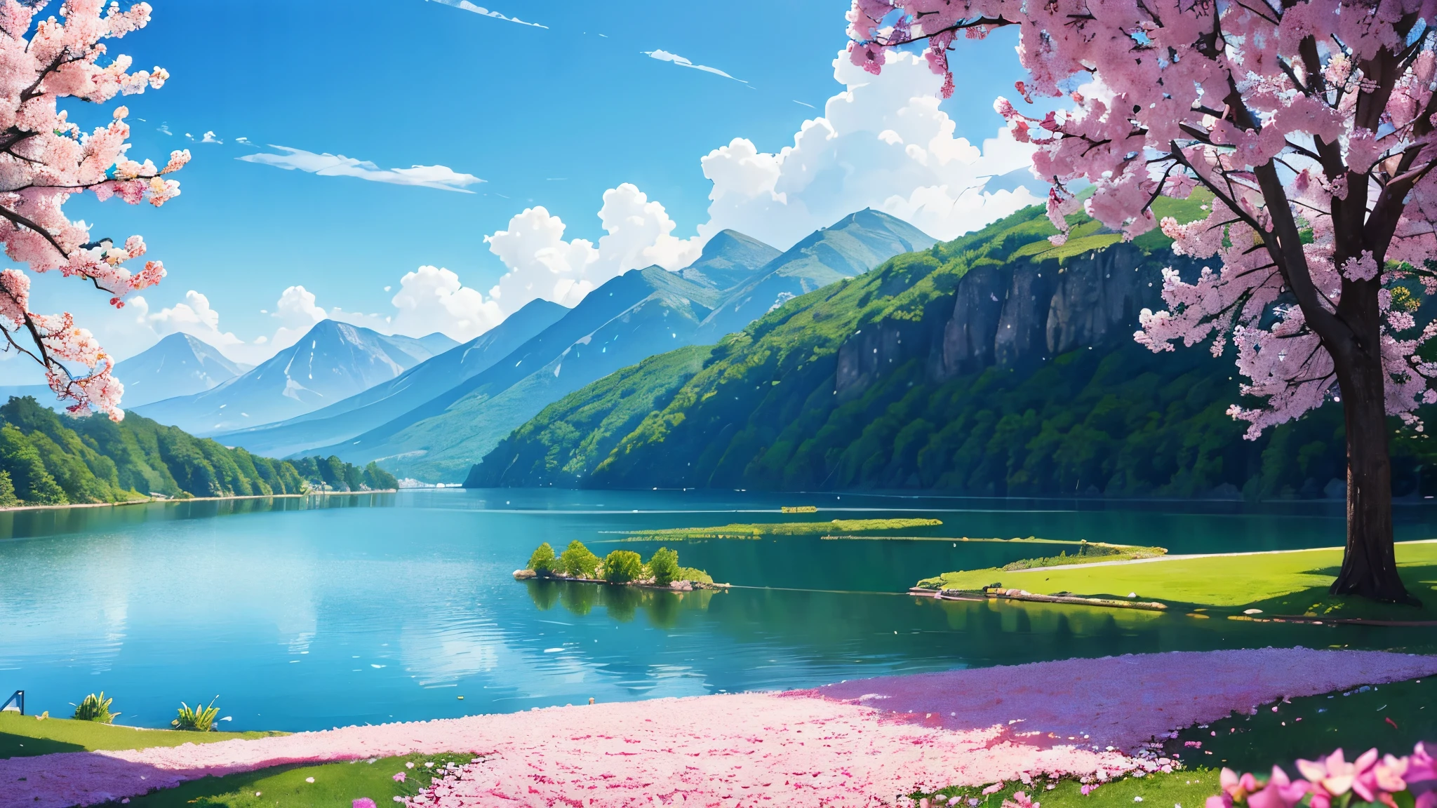 spring, Some small flowers, Clear lake, heaven, after that, blue sky, Hot Weather, HD detailed, Very detailed, Cinematic, Surrealism, Soft Light, Deep focus bokeh, The distant view is of green mountains々, Ray Tracing, and Surrealism. --v6