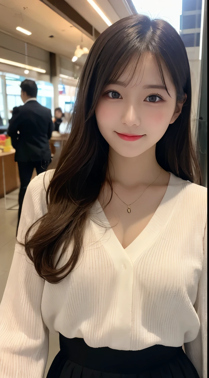 Tabletop, highest quality, shape, Very detailed, finely, High resolution, 8k wallpaper, 完璧なダイナミックな構shape, Beautiful and detailed,ランダムなcute髪,,Natural color lip, bold sexy pose,smile、20-year-old girl、cute、Looking at the camera,Always blur the background,Perfect and beautiful face,Slim face and figure,Big eyes、Putting on gal makeup,small face,Shooting from below、smile,Blurred background of Tokyo station interior,Sheer white blouse、flare skirt、Please be serious about being cute
