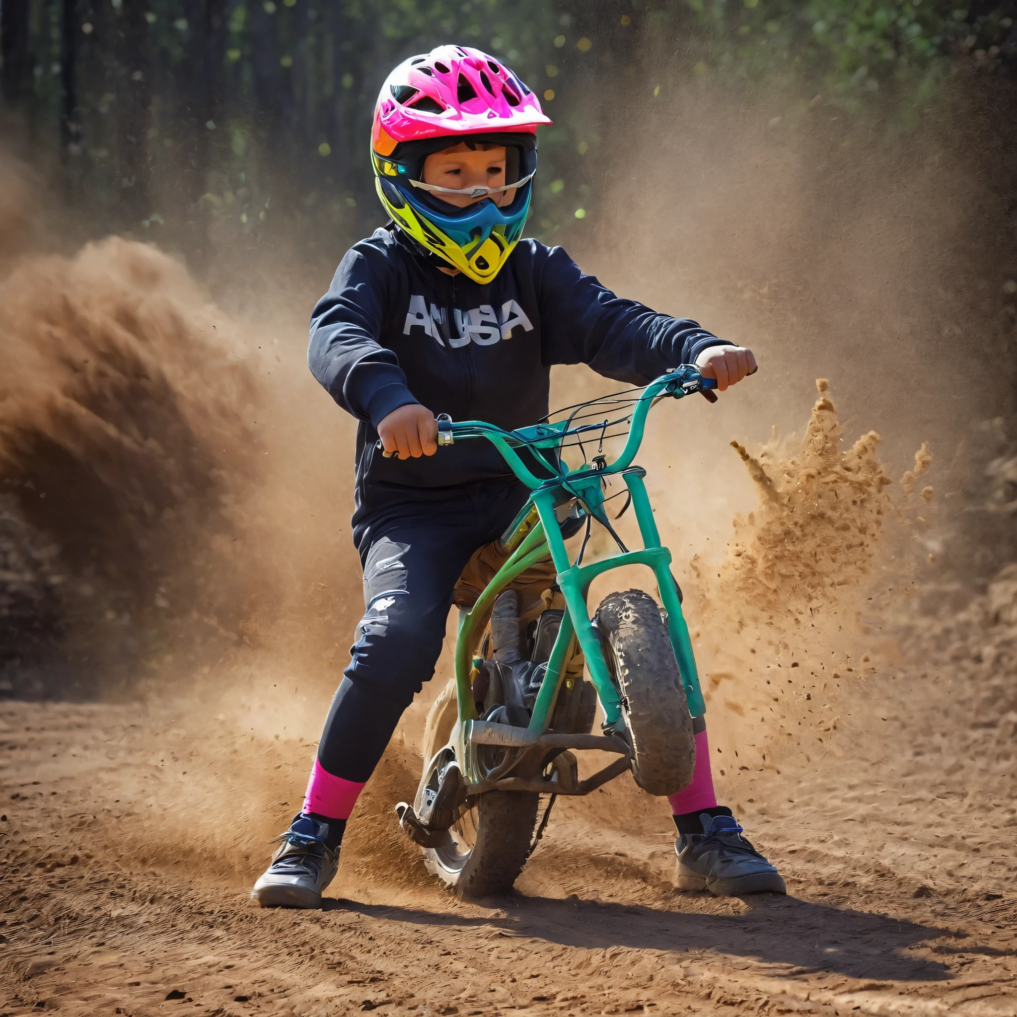 there is a young boy riding a bike on a dirt road, Images inspired by Alex Petruk APe, Sputtering, Process art, extreme sports, Bicyclists, extreme sports photography,  a, Wheels off the ground, riding, childs, nyund competition winners, child, really Try riding it, Kick up the dirt, Try riding it, Neon effect，Splash，Burnout，