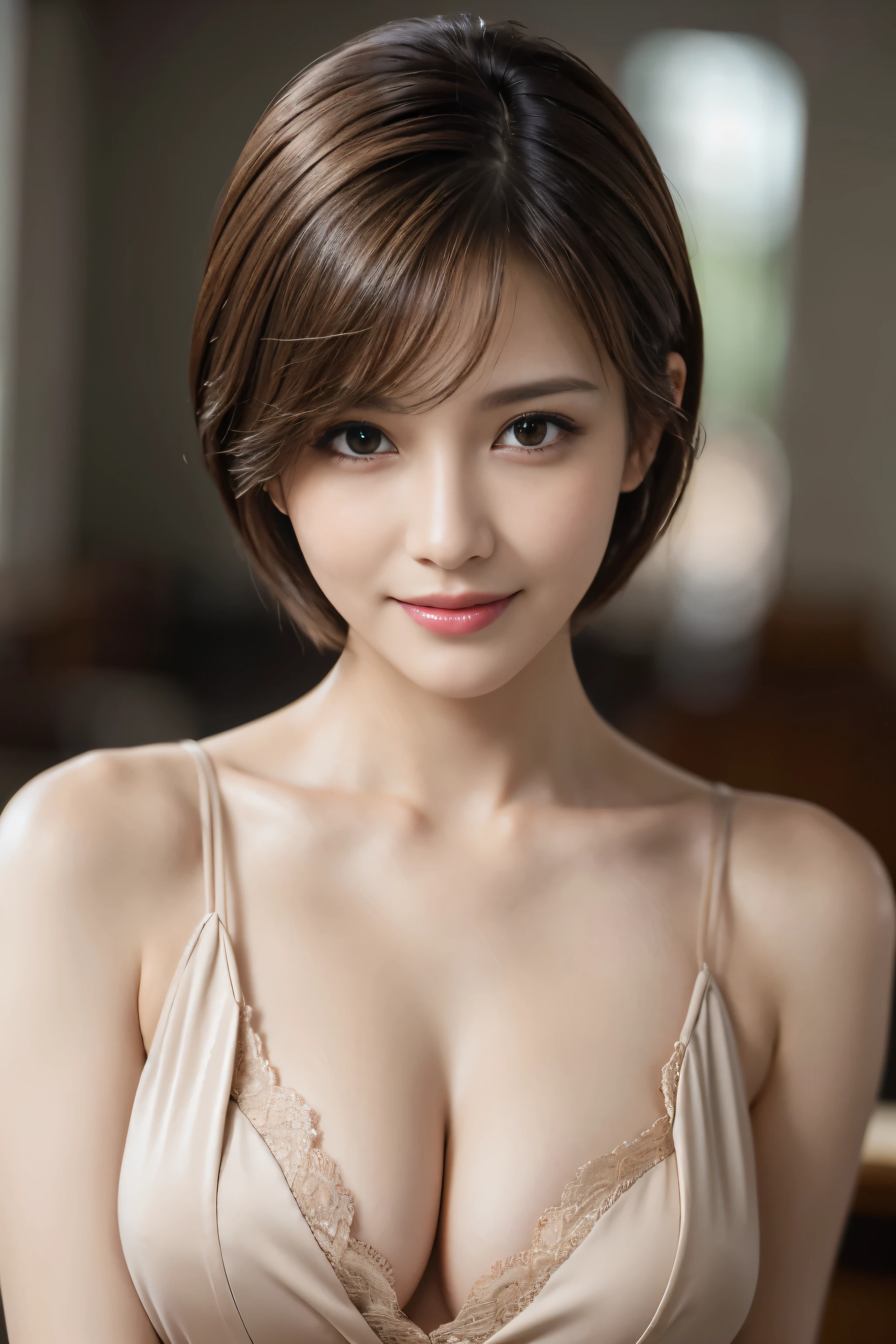 table, top quality, realistic, Super detailed, finely, a high resolution, 8K wallpaper, 1 beautiful woman,, Light brown shorthair, in a business suit, sharp focus, Perfect dynamic composition, Beautiful and detailed eyes, Thin hair, Detailed realistic skin texture, smile, Close-up portrait, The shape of the model's body,split