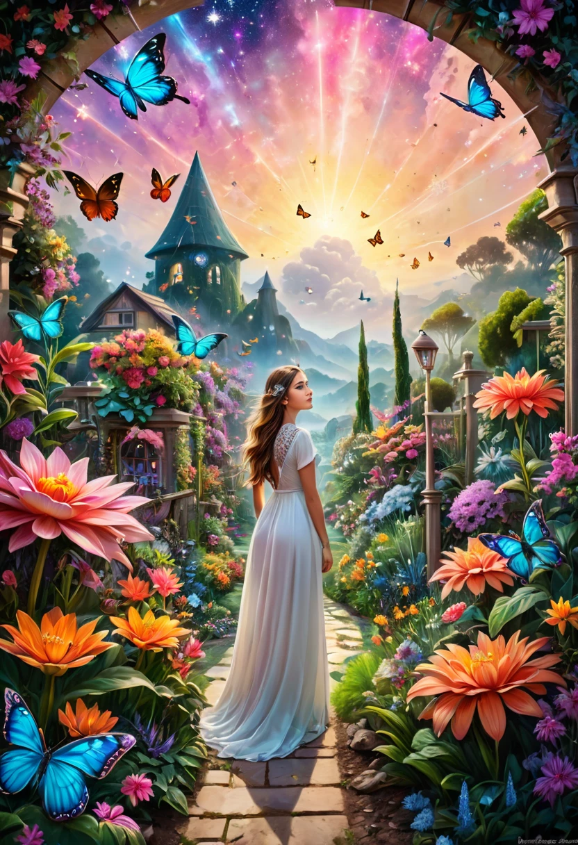 a girl in a surreal and intricate garden of infinite possibilities, lost in a chaotic and unpredictable world, surrounded by vibrant and mesmerizing colors. The garden is filled with unique and peculiar plants and creatures, creating a sense of wonder and curiosity. 
The girl has deep and expressive eyes that are beautifully detailed, capturing the essence of her emotions and thoughts. Her lips are also beautifully detailed, reflecting her innermost desires and dreams. She has an aura of mystery and intrigue, drawing people towards her. Her face is extremely detailed, with long eyelashes that add to her captivating presence.

The garden is made with the highest level of craftsmanship, resembling a masterpiece of art. It combines various mediums such as illustrations, oil paintings, and 3D renderings, creating a visually stunning and immersive experience.

Every corner of the garden is filled with ultra-detailed elements, from the intricate textures on the petals of flowers to the fine details on the wings of butterflies. The level of detail is so high that it feels almost realistic and photorealistic. The colors are vivid and vibrant, with neon highlights that add a touch of excitement and futuristic aesthetics.

As the girl wanders through the garden, she is surrounded by an epic and complex landscape. The sky is filled with an abundance of stars, creating an ethereal and dream-like atmosphere. The transition between day and night is captured in the end of the sunset, where the colors blend harmoniously, creating a sense of tranquility and serenity.
This ultra HD artwork is a true masterpiece, capturing the essence of the girl's journey through the garden of random wonders. It is a visual representation of the infinite possibilities that lie within our dreams and the beauty that can be found in the most unexpected places.