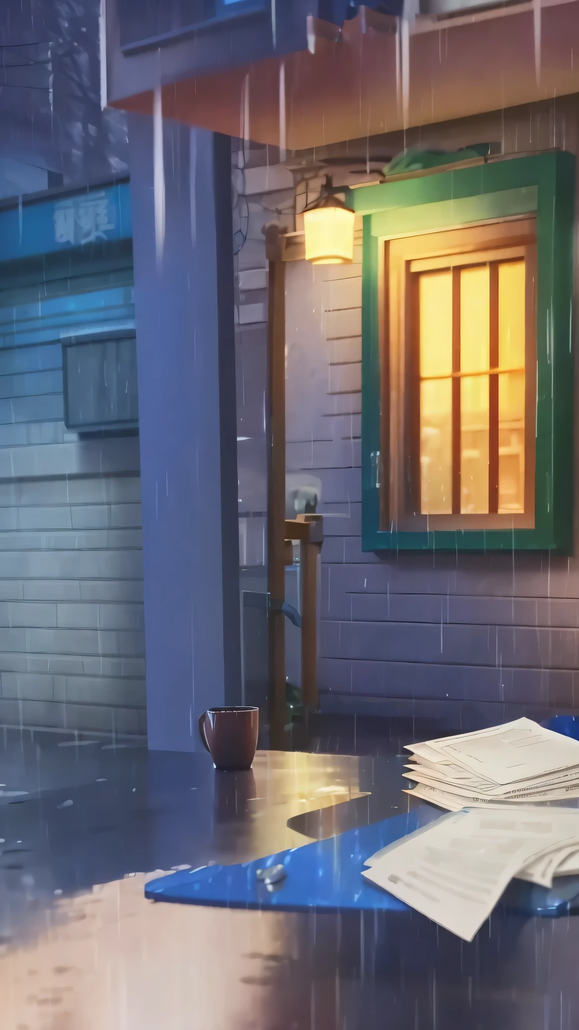 There is a table，There are documents and a cup on it., Random background scene, screenshot, cartoon moody scene, rainy night, Background image, background technologywork, rainy night, background technology, Cutscenes, Late night rain, Realistic establishing shot, Realistic scene, Rainy night, Rainy Day. game rendering, 強rainy night, Super detailed scenes