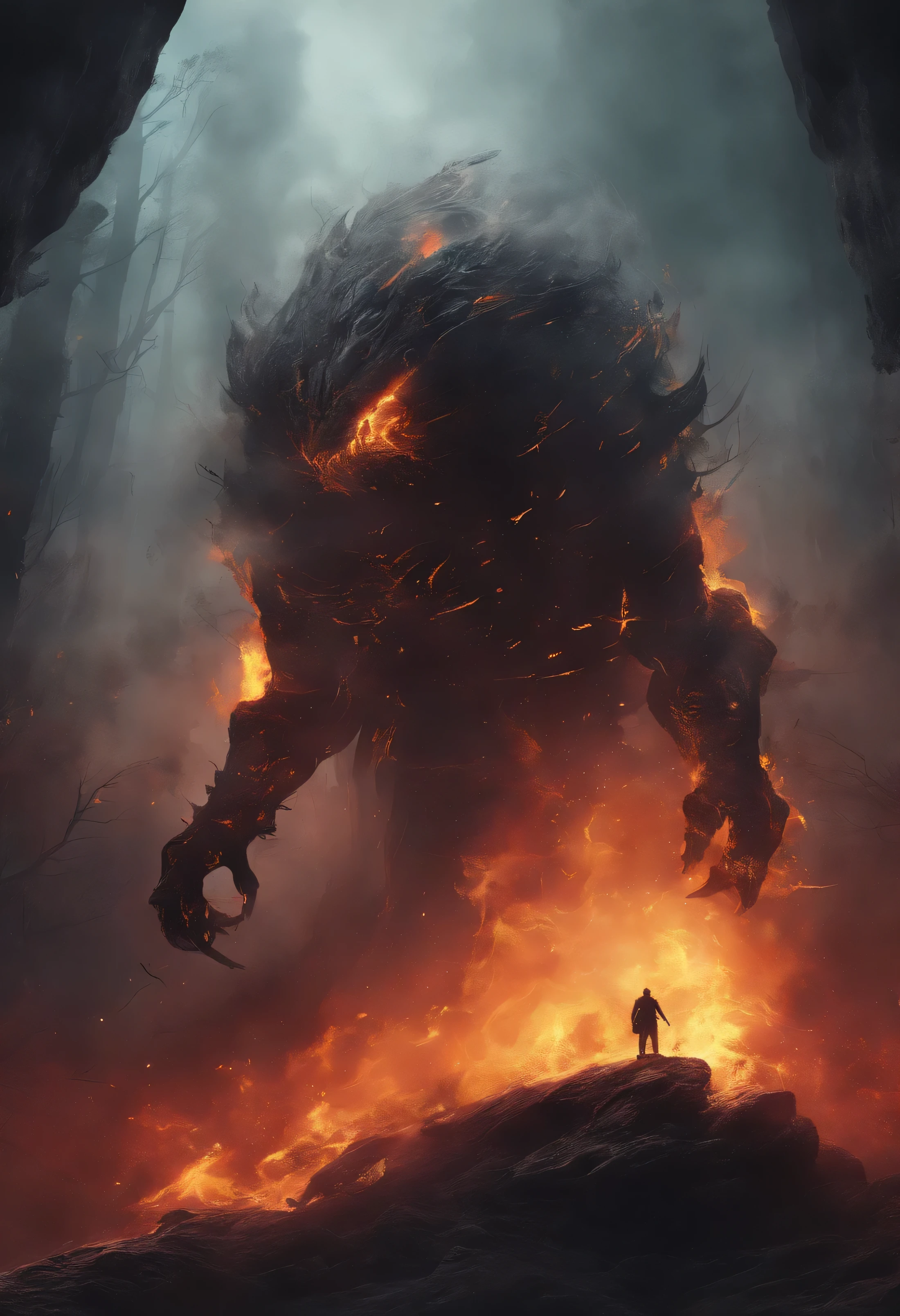 Otherworldly Mysterious Creatures, scary atmosphere, fire, smokes, Hyperrealism, high quality, masterpiece