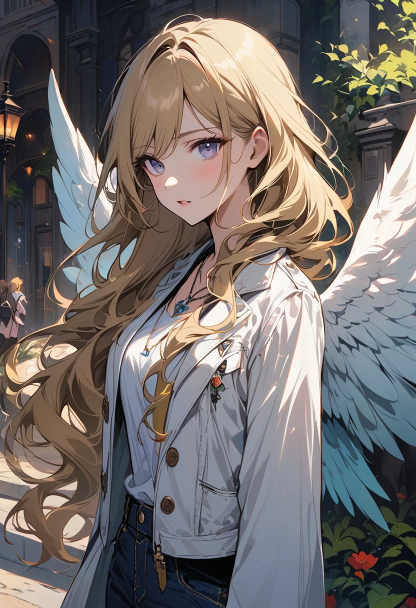 1 Girl, Medium breasts, Blonde hair, Long hair, curls, Gray eyes, White feather wings, Angel, outdoor, white jacket, necklace, Vest, jeans