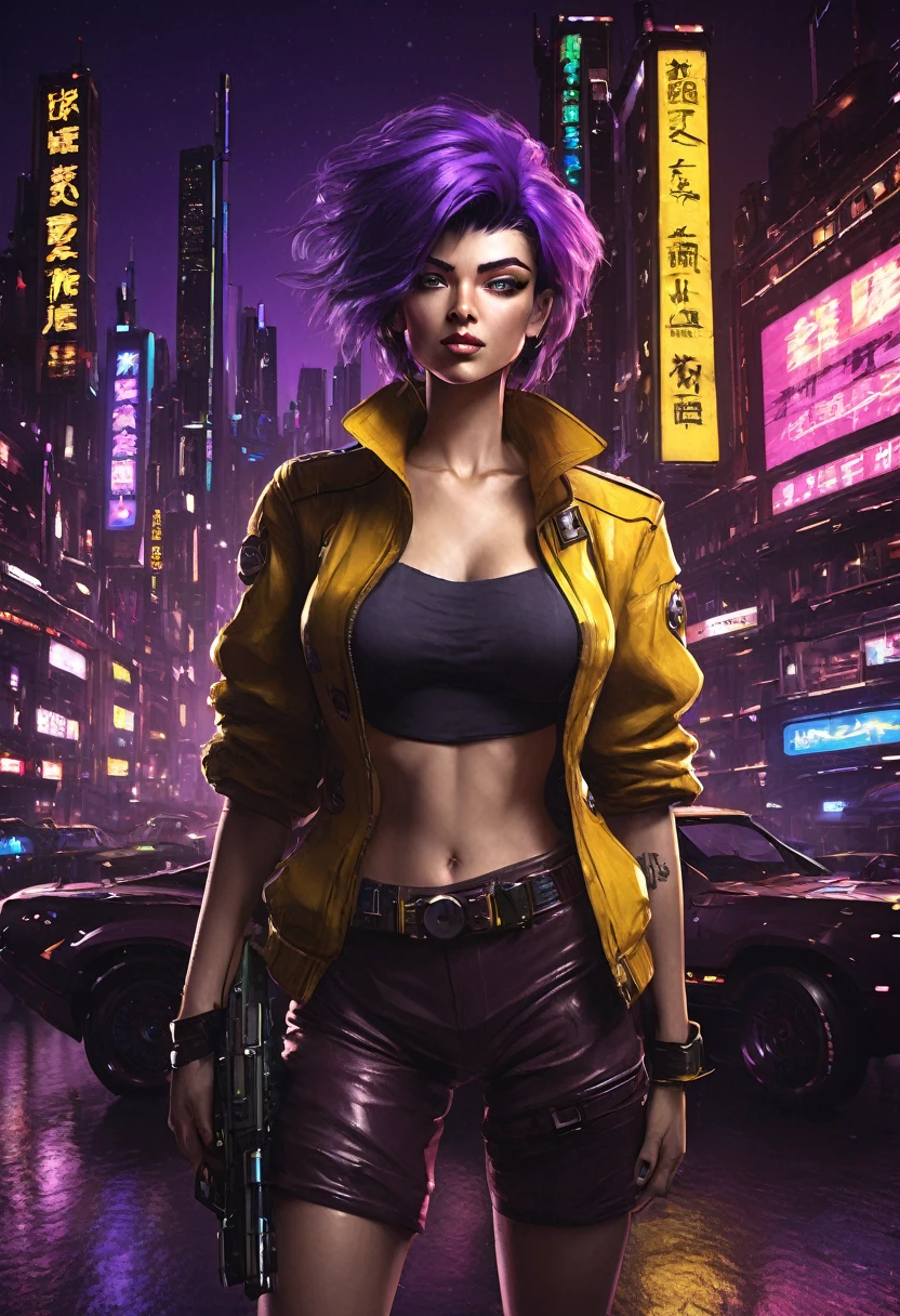 1girl, Faye Valentine, Cowboy Bebop, bob cut, solo, big breasts, green eyes, purple hair, hairband, cbbebop, cbbebop spaceship, (best quality, realistic), futuristic cityscape, neon lights, bounty hunter, space western, intense action, femme fatale, dynamic pose, jazz music, smoke, cigarettes, leather jacket, gun, yellow background, confident expression, stylish outfit, mysterious atmosphere, cyberpunk, sci-fi noir.