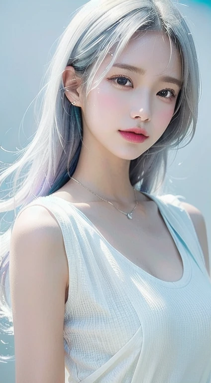 (masterpiece, best quality:1.2), 8k, 85mm, raw photo, absurdres, white and cyan theme, (liquid clothes, liquid dress:1.4), white hair, gradient dress, delicate girl, upper body, close up face, shiny skin, teen, looking at viewer, HDR, sharp focus, particle, twilight sky, detailed eyes and face, white background, simple background