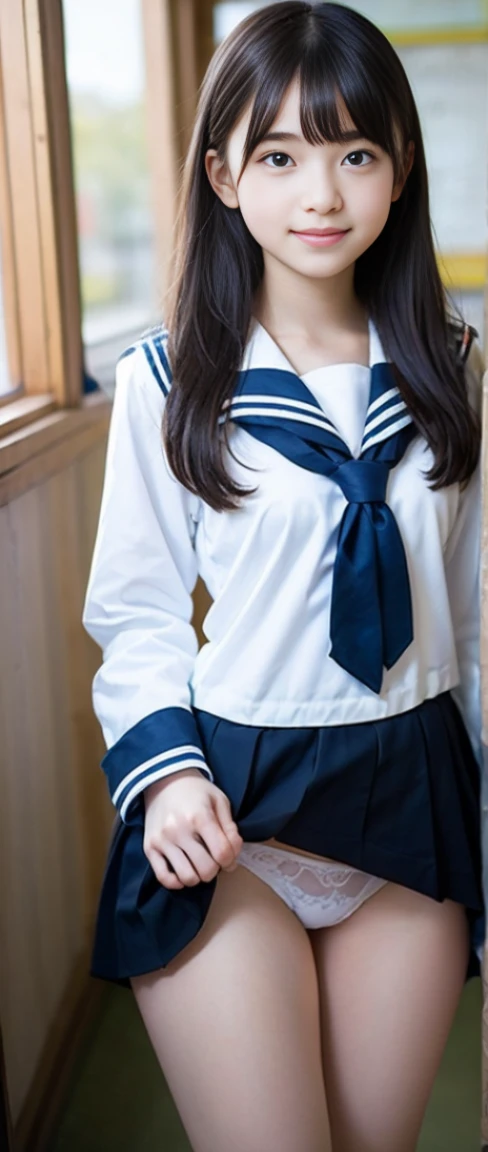 (masterpiece, highest quality:1.2), 8K, young beautiful girl, 85mm,Official AR RAW photo, baby face、big breasts、show me your ears、photo shoot, cute face, thighs, After school classroom, looking at the viewer, embarrassing、smile、no makeup, film grain, chromatic aberration, sharp focus, face light, clear lighting, Ten generations, detailed face, background bokeh、((((((15 year old high school girl))))))、thin waist、sailor suit、dark blue mini skirt、white small panties