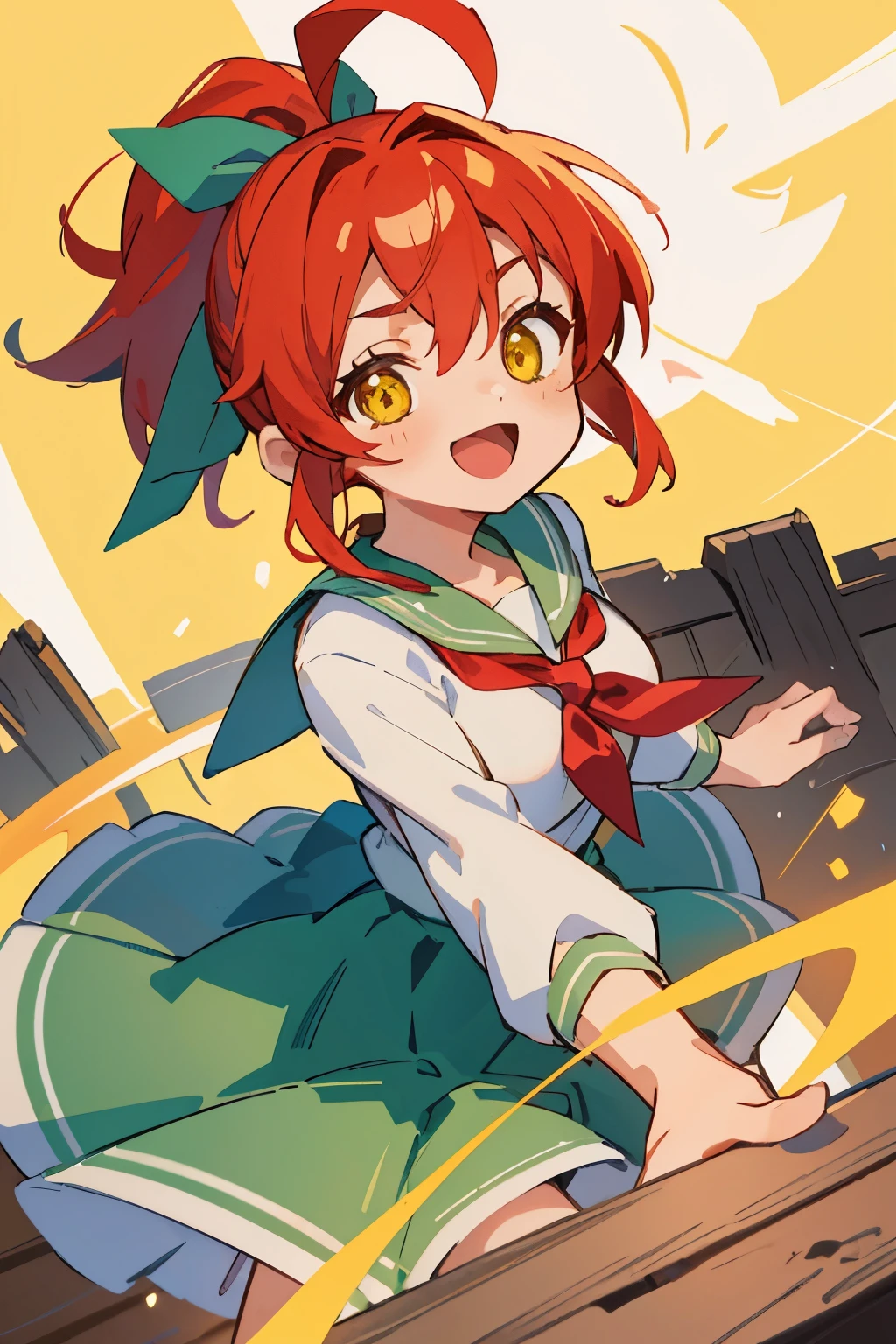 masterpiece, highest quality, medium sized breasts、crimson hair、ponytail、Green hair ribbon、8age、Brat、Dynamic Angle、Glowing yellow eyes、bangs between eyes、Ahoge, Sailor suit, skirt, Upper Body, From above, Look at the viewers, Laughter, Open your mouth, rustic village
