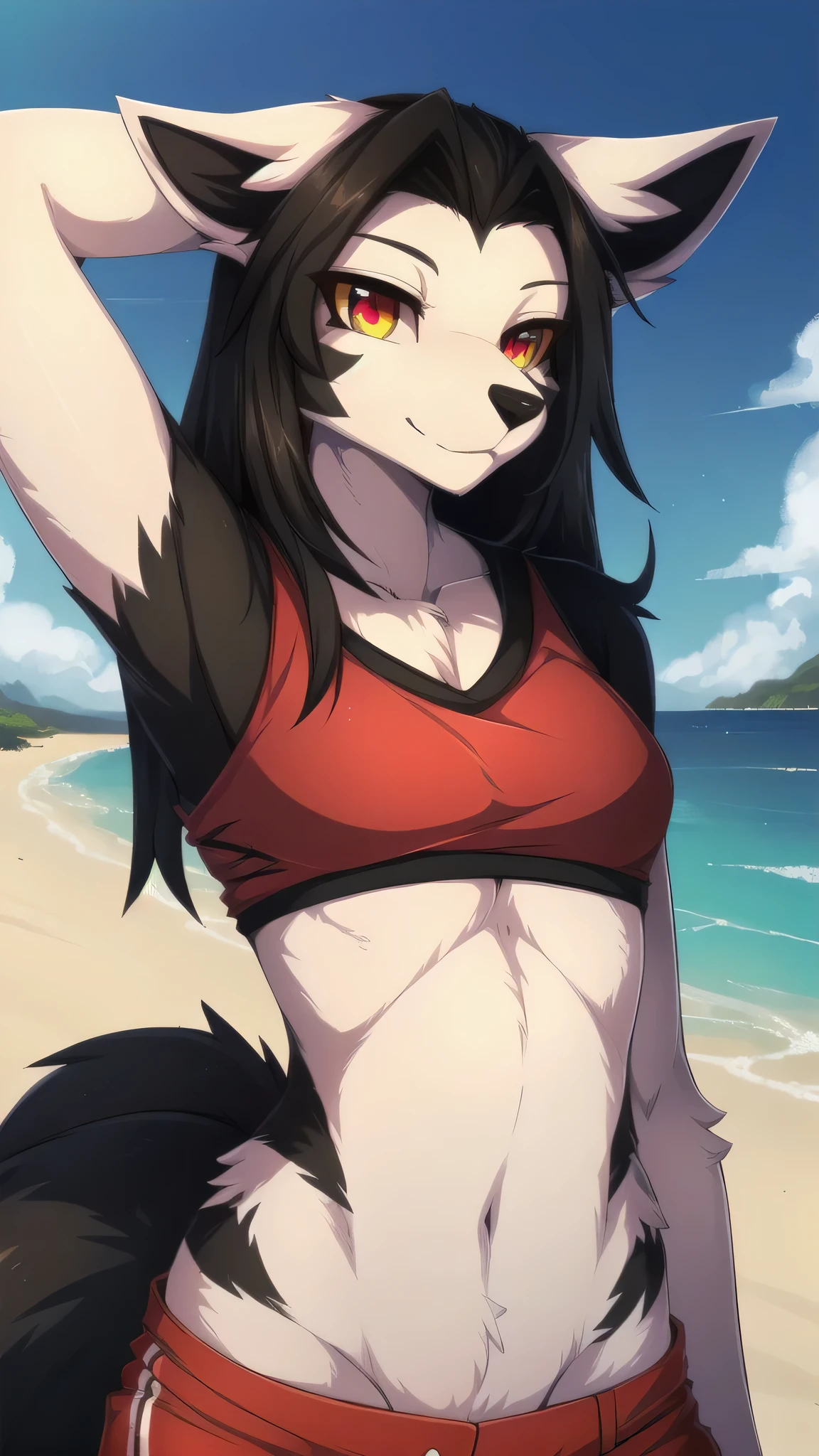 furry girl, wolf, black hair, punk hairstyle, huge long spiky ponytail, anime style, small breasts, red eyes, makeup, eyeshadows, ((deep red bikini ruffled triangle, high cut bottom, star necklace, beach sarong with shooting stars on hips)), high quality, detailed body, detailed eyes, detailed face, masterpiece, glistening body, detailed body fur, best quality, two tone body, gray fur, clear gray fur, perfect lighting, perfect shadows, perfect eyes, perfect hair, perfect face, gorgeous body, skinny, aeghao, tongue out, beach, clear sky, vaginal sex, standing split sex, 