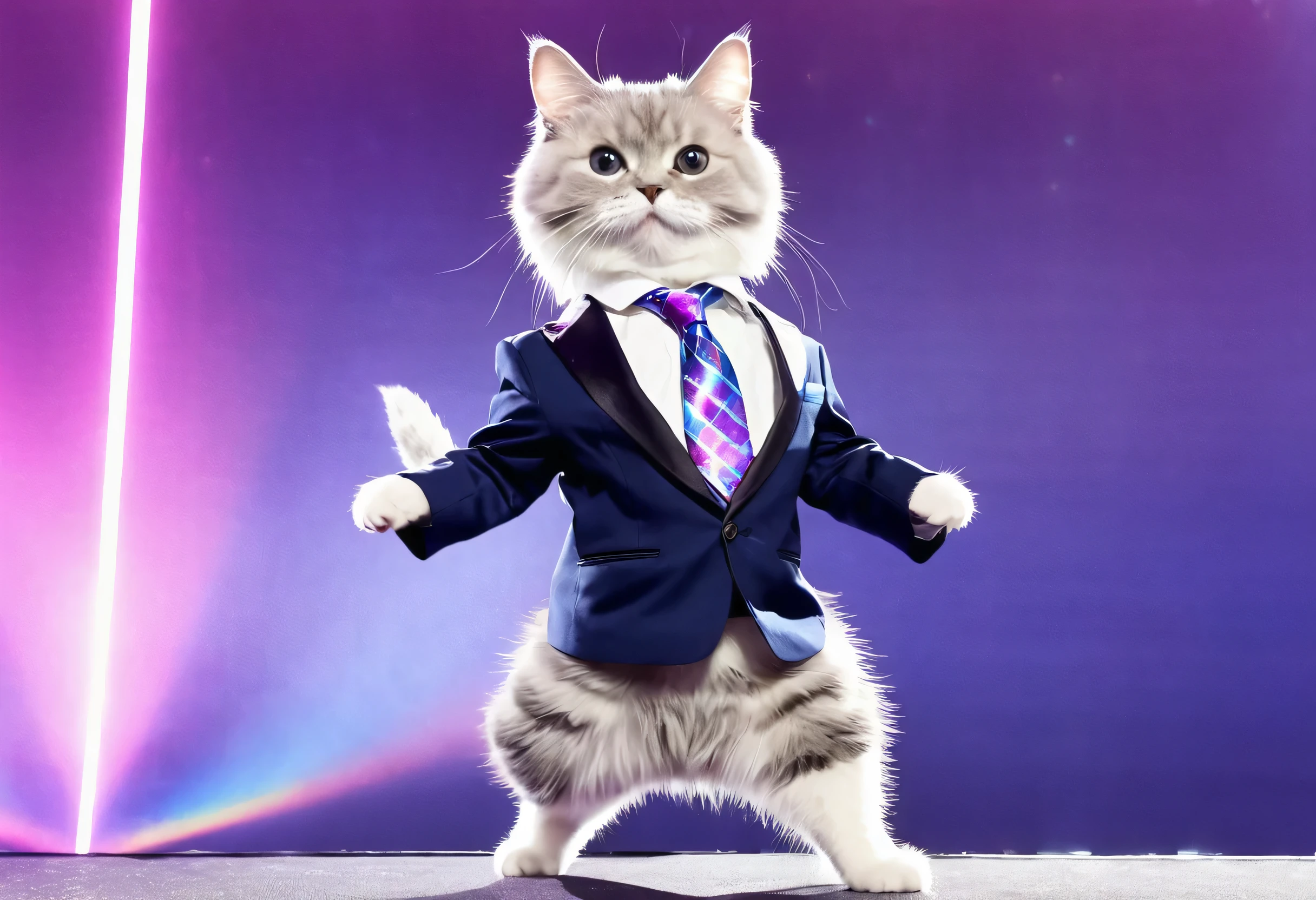there is a cat Wearing a suit and tie standing on a stage, he is dancing, Disco Wearing a suit, looks like someone is dancing, He is wearing a suit., 🐋 as 🐘 as 🤖 as 👽 as 🐳, holographic suit, World Boss Cat, dancing in the background, Wearing a suit, Wearing a tight suit, Cat 