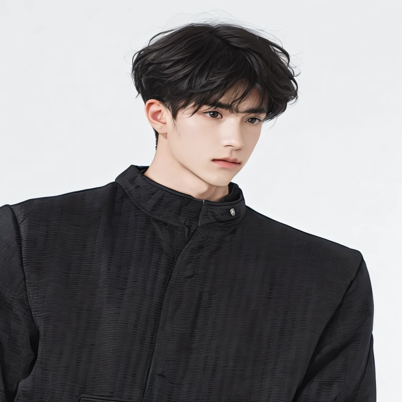 a close up of a person wearing a black shirt and a black jacket, realistic