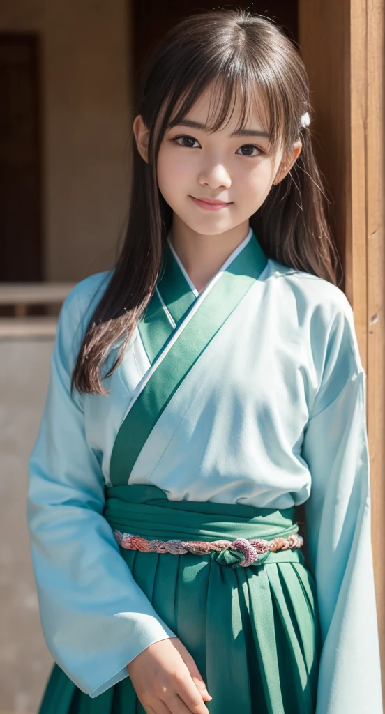 (top-quality、masterpiece:1.2)、Best Quality、realisitic、photoshot、hight resolution、1080p、8K、Textured skin、Physical Rendering、1 Japan Girls、a junior high school student、kawaii、Young Face、Rolled hair、(Green hanbok:1.5)、Korea、full of shyness、smil、Big