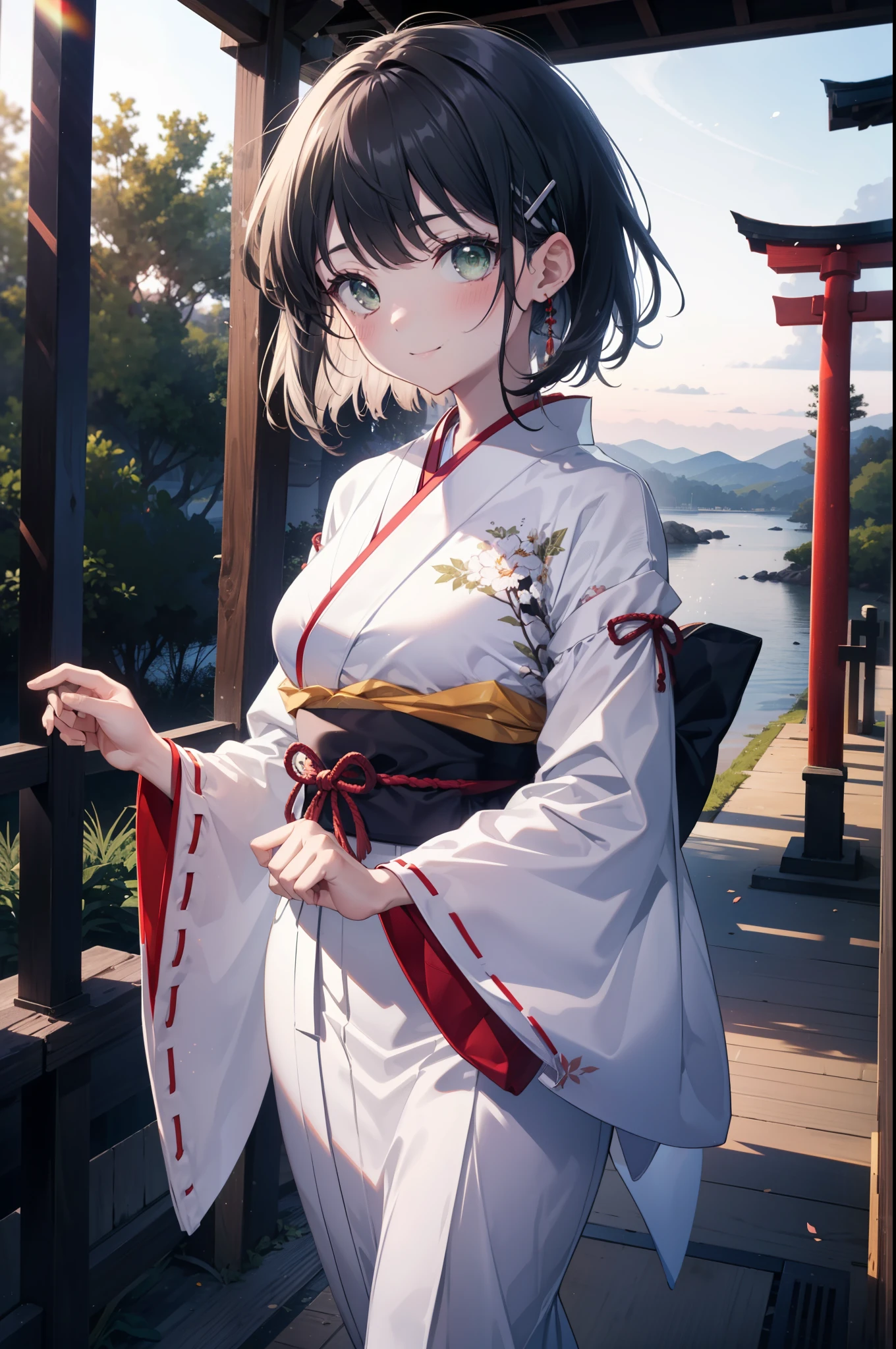 Suguhakirigaya, Suguhakirigaya, (Green Eyes:1.2), hair ornaments, Hair Clip, short hair,blush,smile, Black Hair,Platycodon grandiflorum,Miko, White Kimono, Large sleeves,red hakama,kimono, white foot bag,Zori sandals, Wide sleeves, Long sleeve, Ribbon-trimmed sleeves, evening,sunset,The sun is setting on the horizon,
break looking at viewer, (Cowboy Shot:1. 5)
break indoors,shrine,torii,coastal,
break (masterpiece:1.2), highest quality, High resolution, unity 8k wallpaper, (figure:0.8), (Beautiful fine details:1.6), Highly detailed face, Perfect lighting, Highly detailed CG, (Perfect hands, Perfect Anatomy),