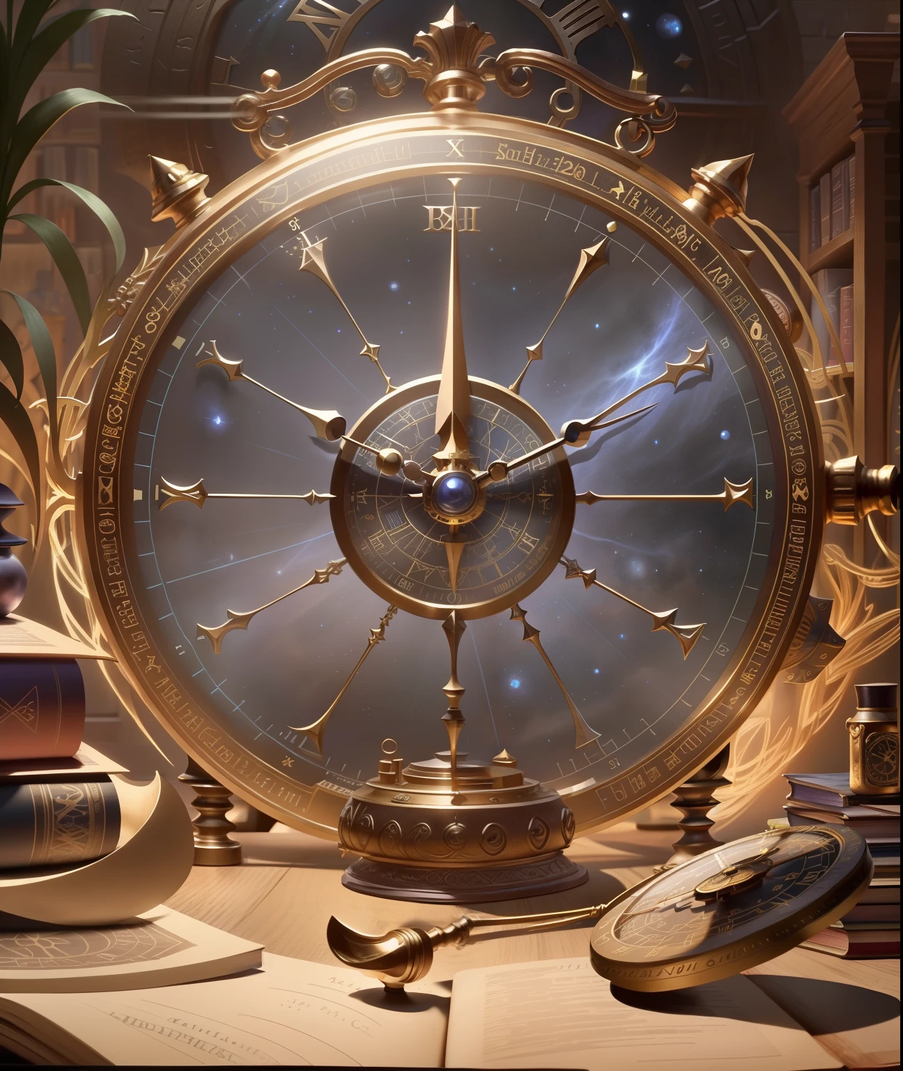 There is a clock and some books on the table, alchemist library background, Astrolabe, Stunning mystery background, 8K HD wallpaper JPEG artifact, 8K HD wallpaper JPEG artifact, Infinite Space Clock Background, Detailed key animation art, ball of time, Official artwork with high detail, Detailed game art, Detailed game art illustration，diablo concept art