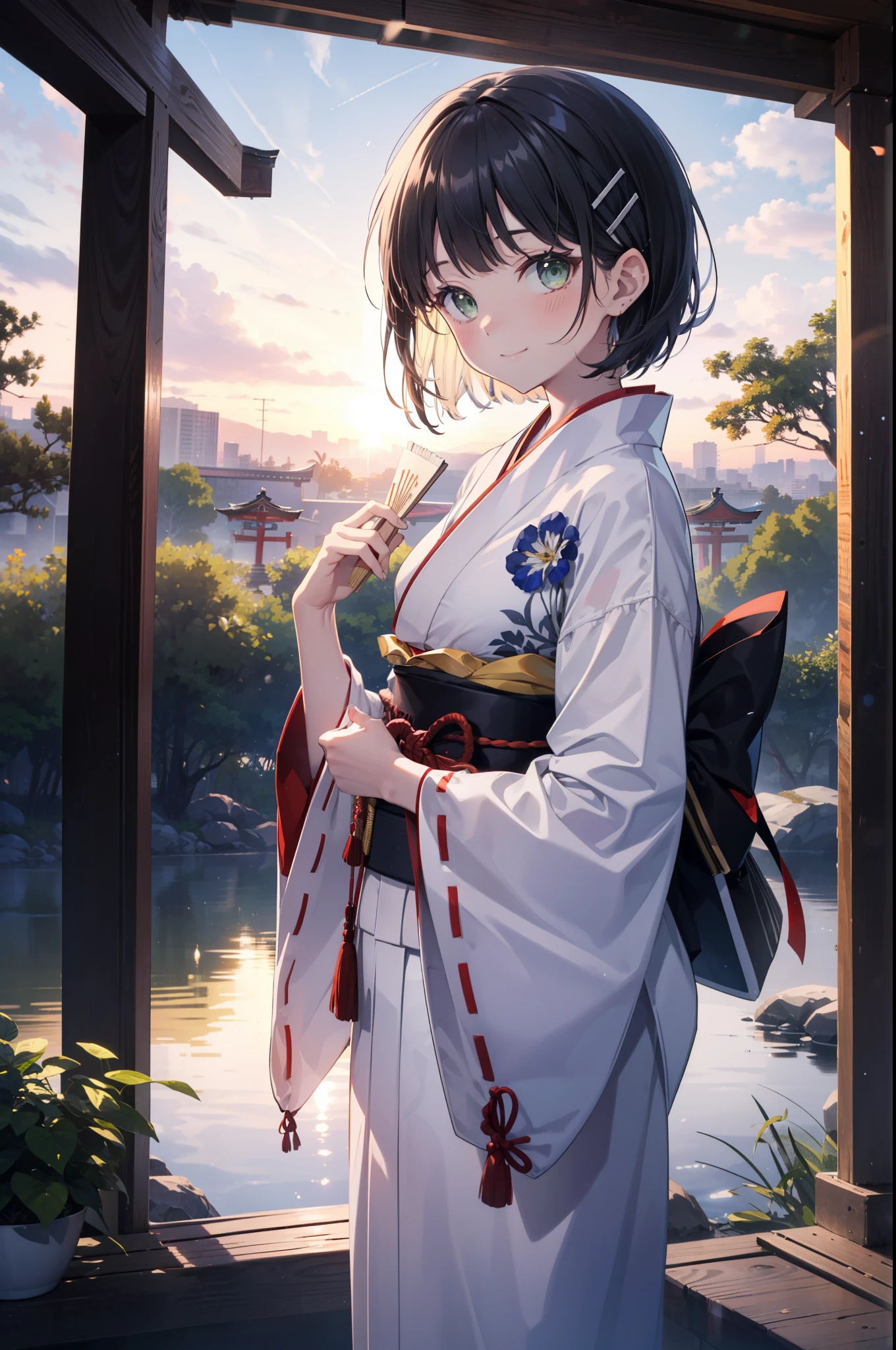 Suguhakirigaya, Suguhakirigaya, (Green Eyes:1.2), hair ornaments, Hair Clip, short hair,blush,smile, Black Hair,Platycodon grandiflorum,Miko, White Kimono, Large sleeves,red hakama,kimono, white foot bag,Zori sandals, Wide sleeves, Long sleeve, Ribbon-trimmed sleeves, evening,sunset,The sun is setting on the horizon,
break looking at viewer, (Cowboy Shot:1. 5)
break indoors,shrine,torii,coastal,
break (masterpiece:1.2), highest quality, High resolution, unity 8k wallpaper, (figure:0.8), (Beautiful fine details:1.6), Highly detailed face, Perfect lighting, Highly detailed CG, (Perfect hands, Perfect Anatomy),