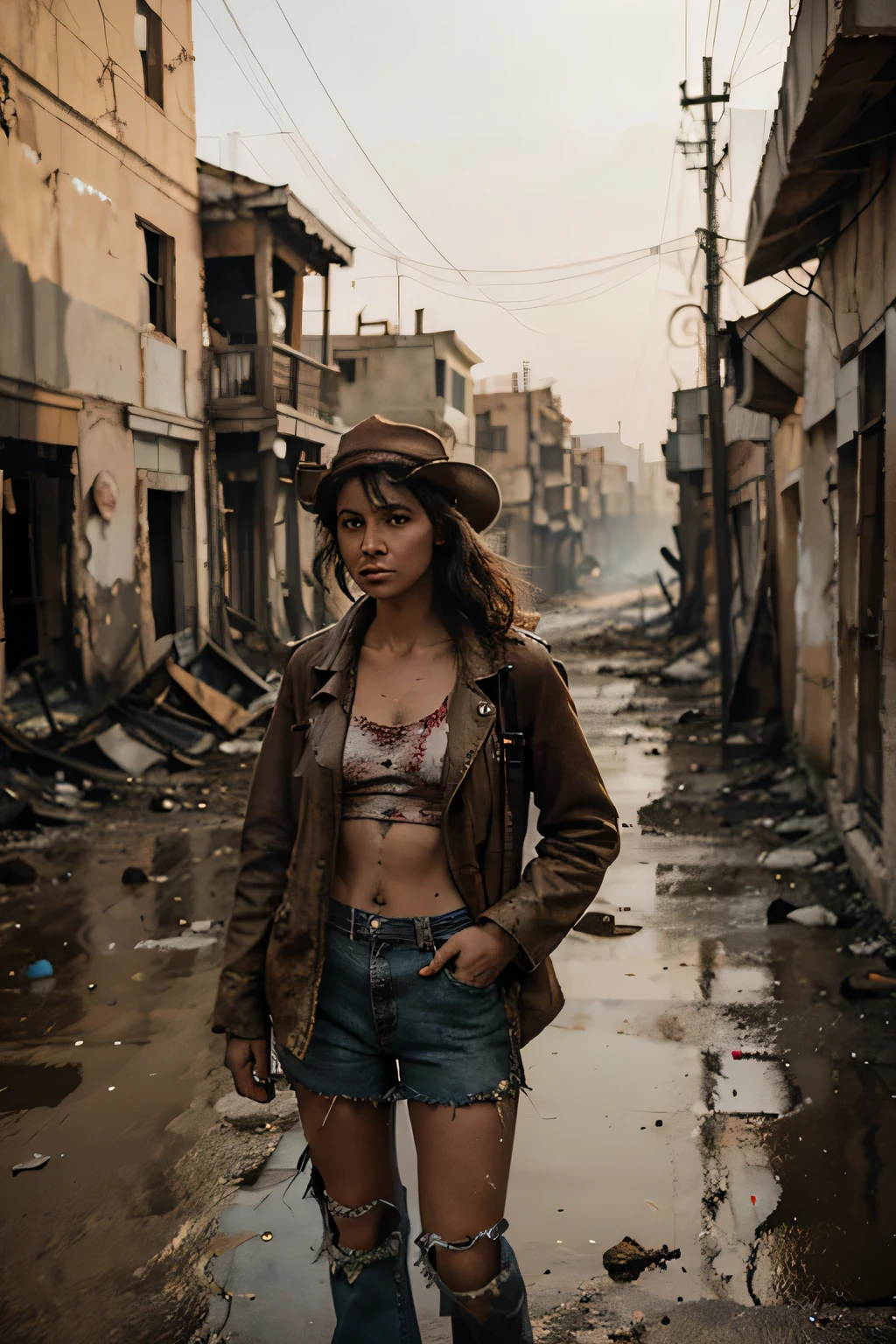 A girl in old dirty shabby clothes in the era of the apocalypse is looking for water in an abandoned area of the old city. there are stray dogs and smoke from fires around