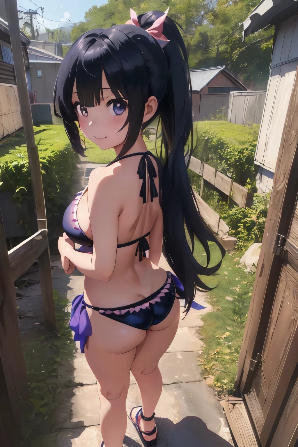 anime - style image of a woman in hot spring, seductive anime girl, [ 4 k digital art ]!!, the anime girl is standing, sexy pose, ecchi, ((9year old girl:1.6)), Girl in 1, Exaggerating huge breasts to the maximum, hizuru minakata (summer time rendering), anime, dark blue hair, long hair, ponytail, purple eyes, JJ cups, oppai:1.3, oppai , huge breasts, busty, string bikini top and bottom, high heeled sandals, smile, shy, from behind, thong, butt, round ass, shapely legs, long legs, Complete anatomy, Whole body, child's body, bedroom, Super Cute, girl, busty, oppai, oppai , Beautiful Girl, beautiful shining body, beautiful girl with fine details, beautiful and delicate eyes, Detailed face, Beautiful eyes, beautiful shining body, Perfect fusion of the child's body with breasts with maximum exaggerated huge breasts Natural light,((Realism: 1.2)), dynamic far view shot, Cinematic lighting, Perfect composition, by sumic., ultra hyper-detailed, Highly detailed CG Unity 16k wallpaper, Best quality, (masute piece), (Best quality:1.4), (ultra-high-resolution:1.2), (hiper realistic:1.4), (Photorealistic:1.3), Best quality, High quality, A high resolution, Detail enhancement,