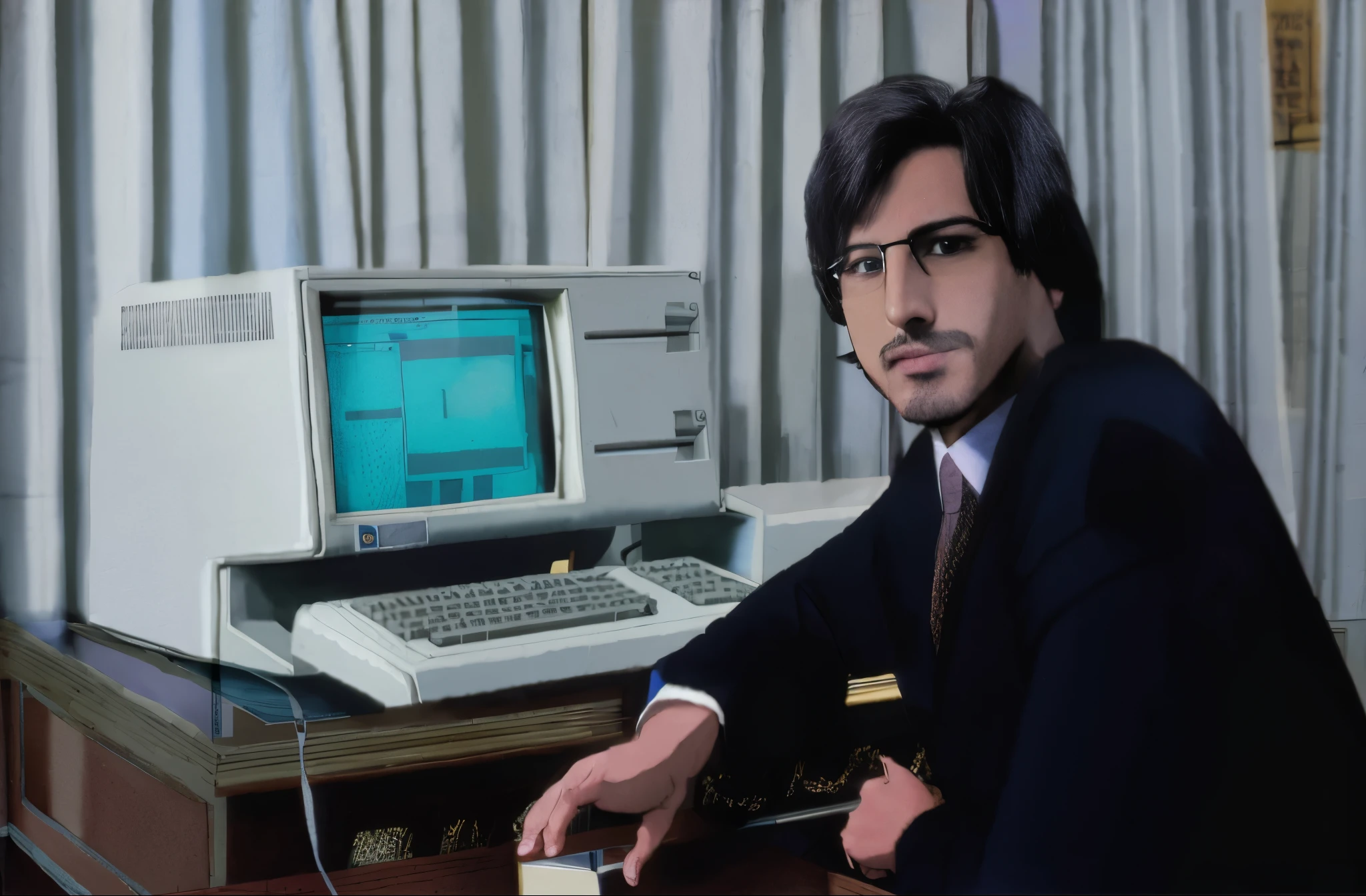 man sitting at the computer, looking at viewer, comics style, detailed
