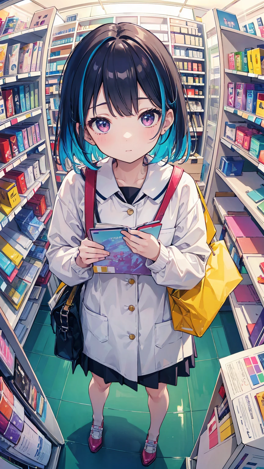 (masterpiece, best quality), (colorful:1.4), from above, solo, 1girl standing in a stationery shop with lots of notebooks on the shelves and a bag of pens, depth of field, fisheye lens