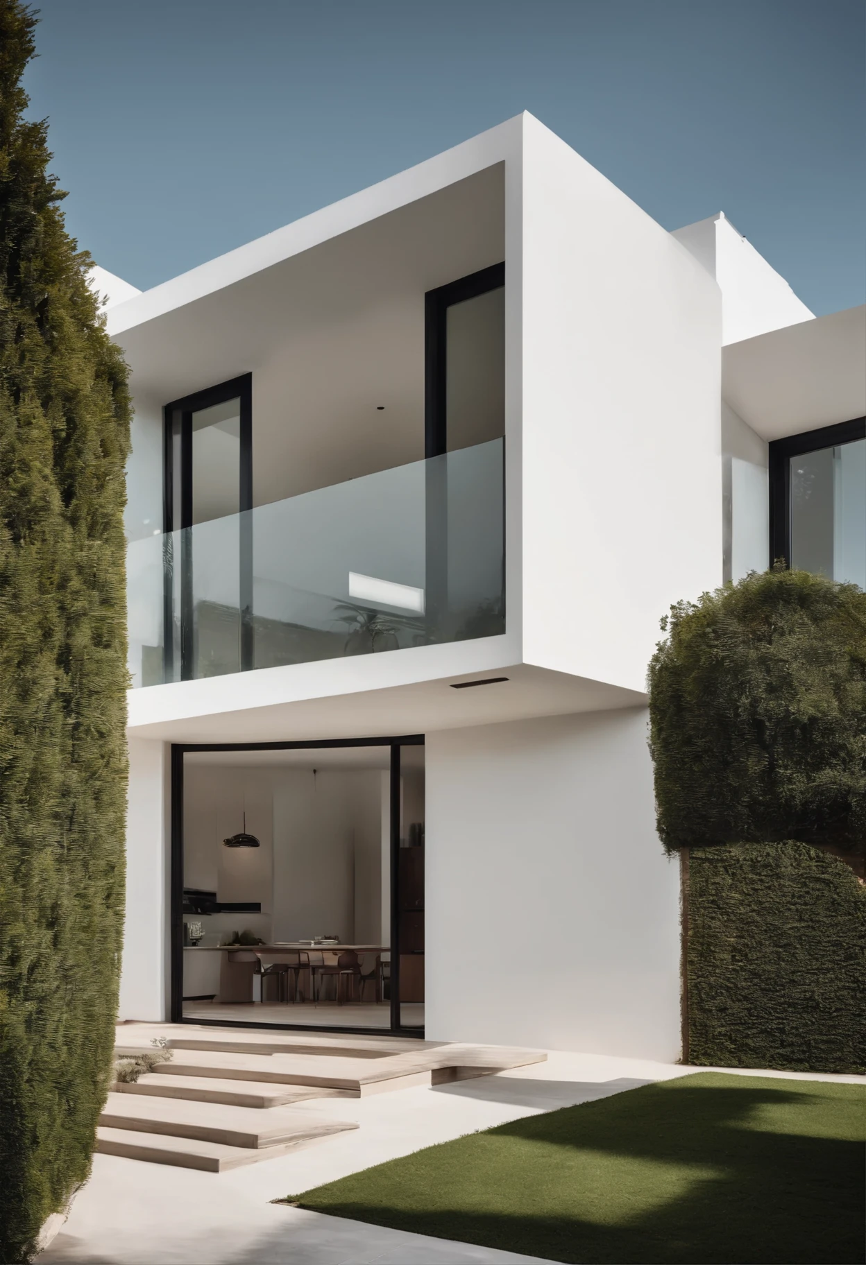 casa minimalista, 2 pisos, de color blanco y jardin con arboles