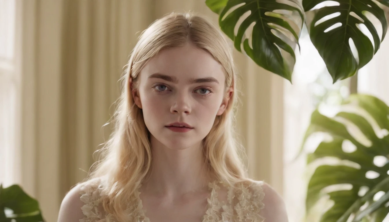 Elle Fanning nue dans une veranda avec des monstera