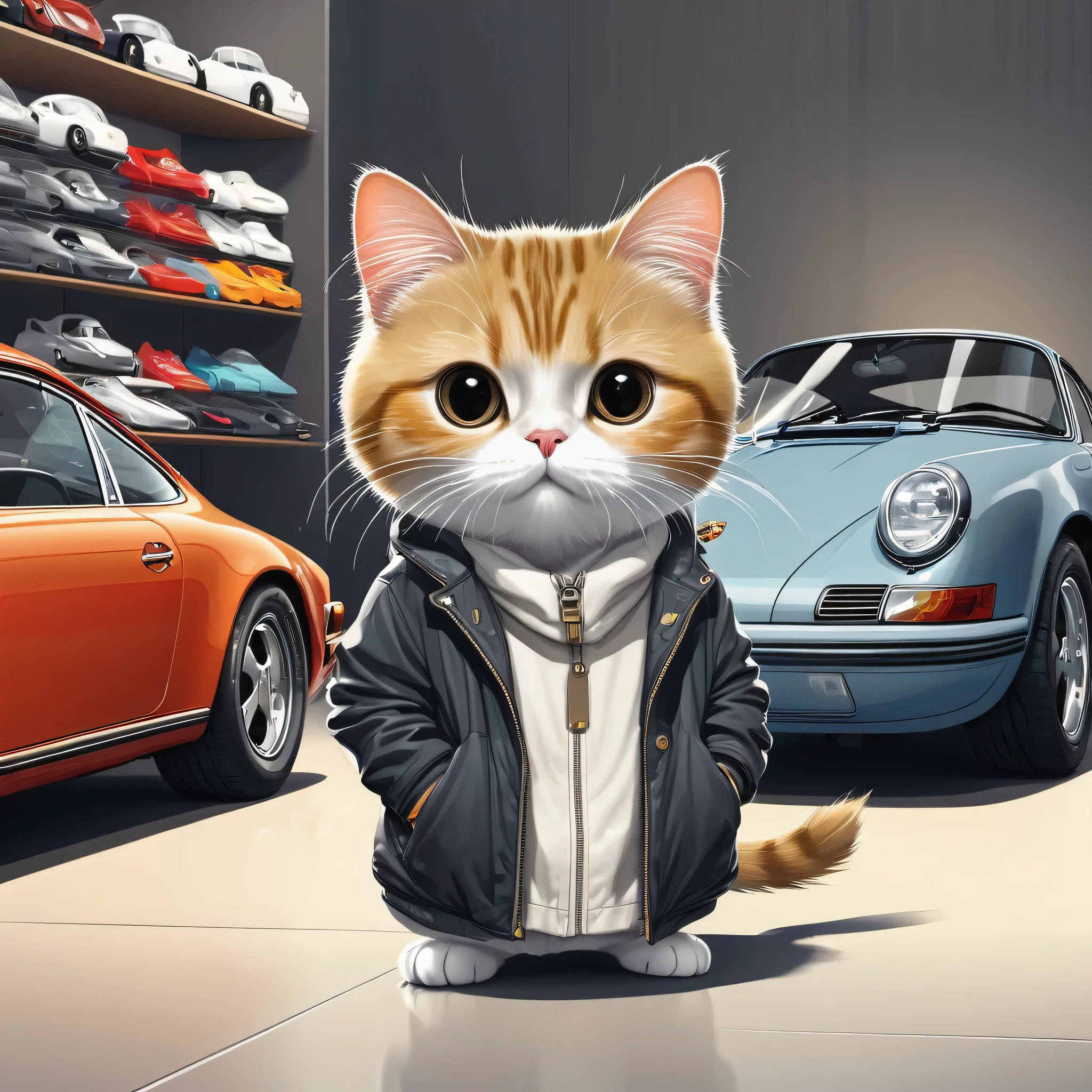 Chat mignon avec des vêtements, debout devant une concession Porsche, who dreams of buying a Porsche 911, style dessin